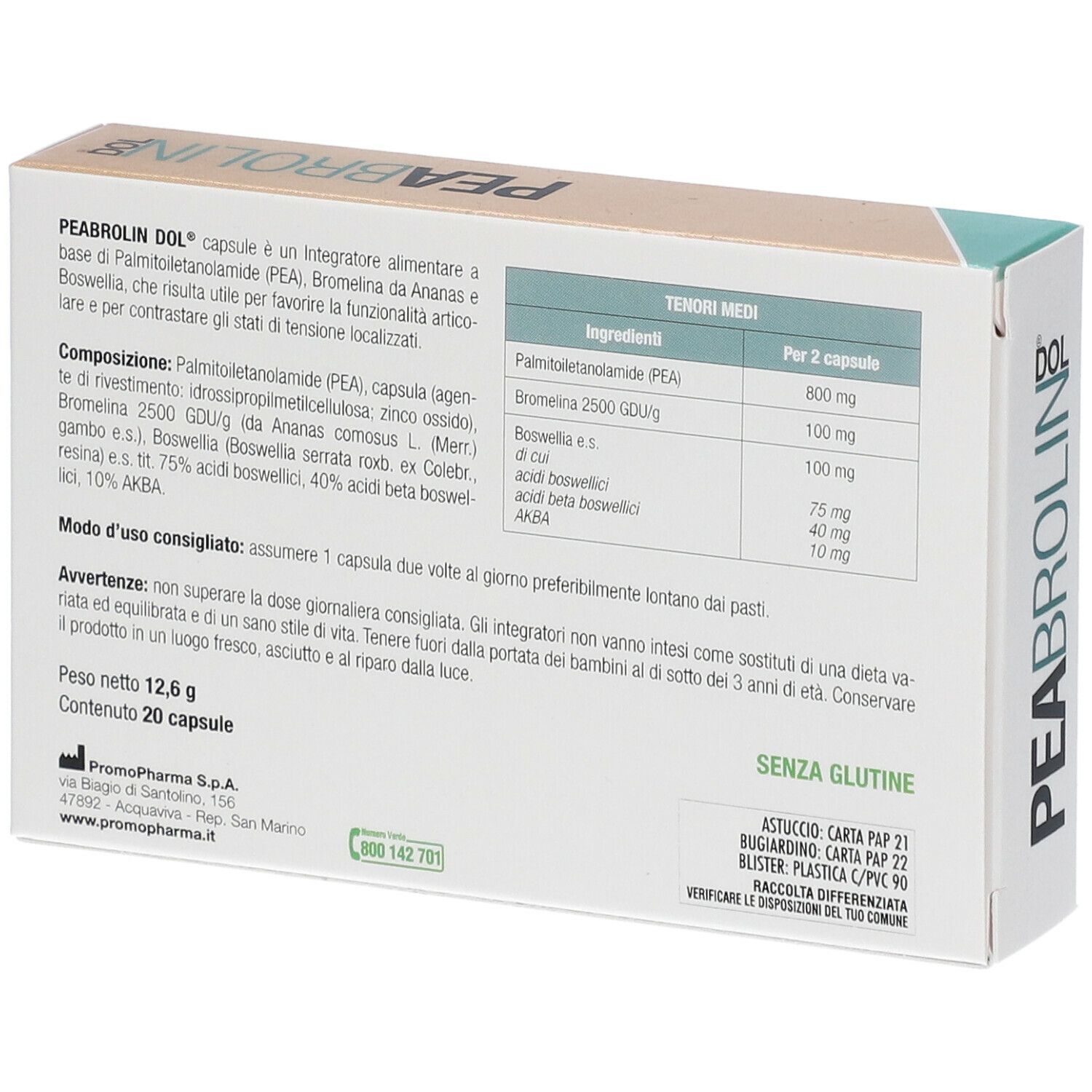 Retro scatola PEABROLIN Dol. Contiene ingredienti e informazioni nutrizionali. Testo: senza glutine. Peso: 12,6 g, 20 capsule.