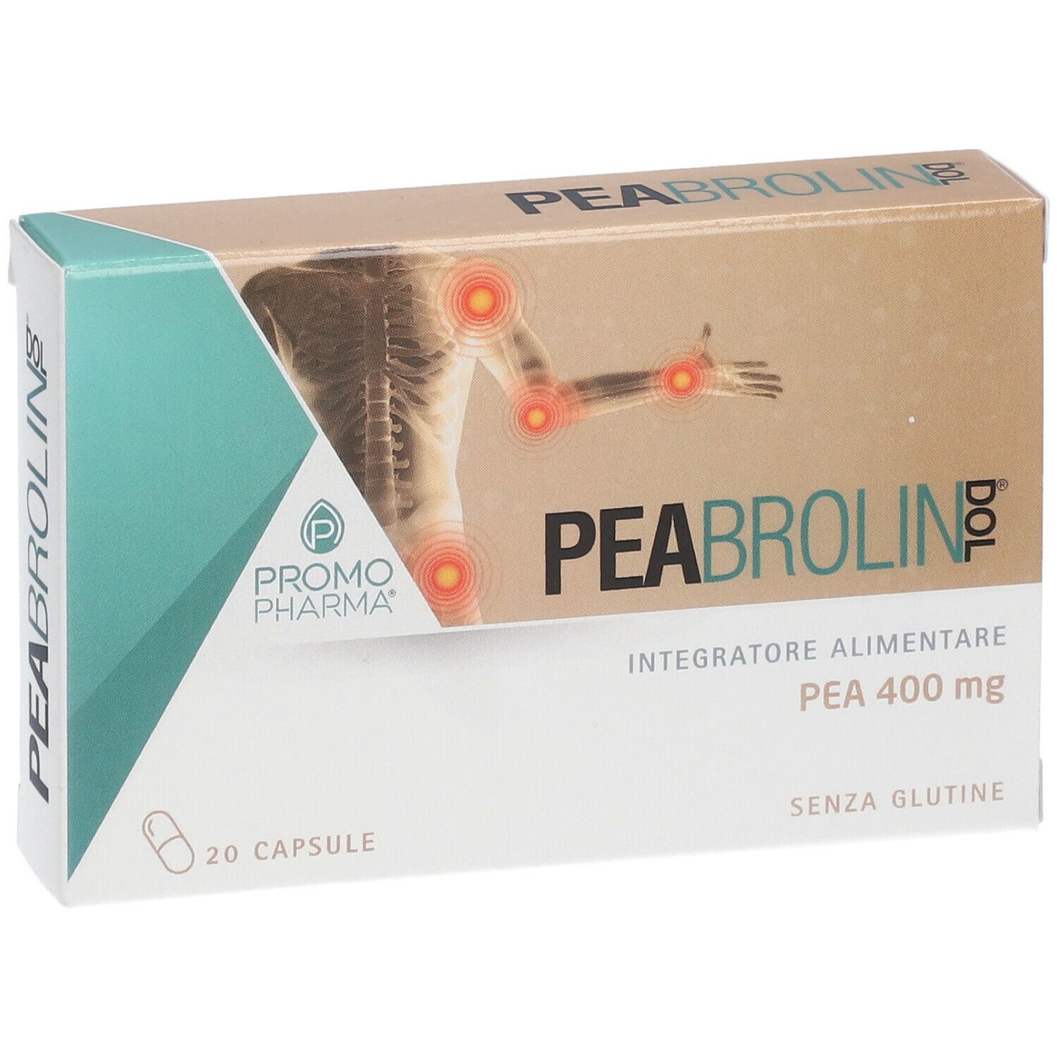 Scatola di PEABROLIN Dol, 20 capsule. Scritto: PEA 400 mg, senza glutine. Illustrazione scheletro con punti dolore.