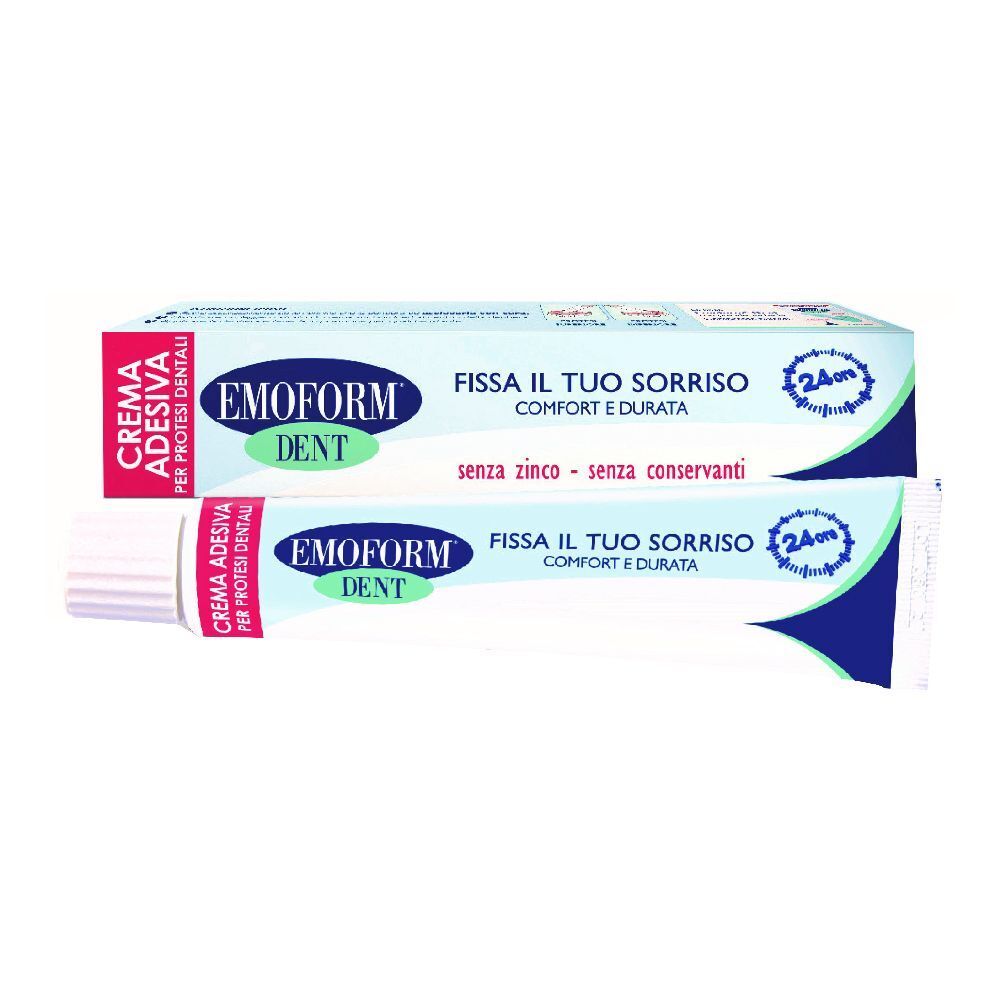 Due tubi di Emoform Dent. Scritta: CREMA ADESIVA PER PROTESI DENTALI. Testo: FISSA IL TUO SORRISO, COMFORT E DURATA, senza zinco, senza conservanti.
