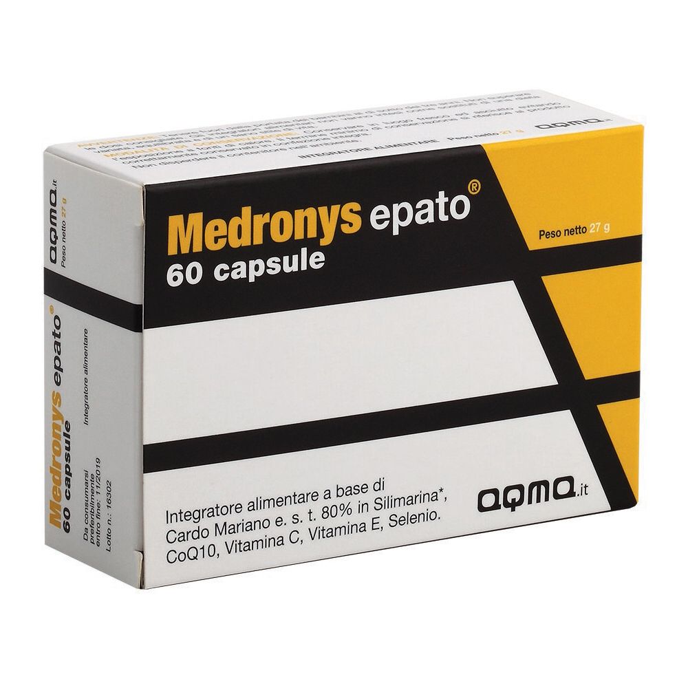 Scatola di Medronys epato, 60 capsule. Scritta nera su sfondo bianco e giallo. Contiene ingredienti come Cardo Mariano e Coenzima Q10.