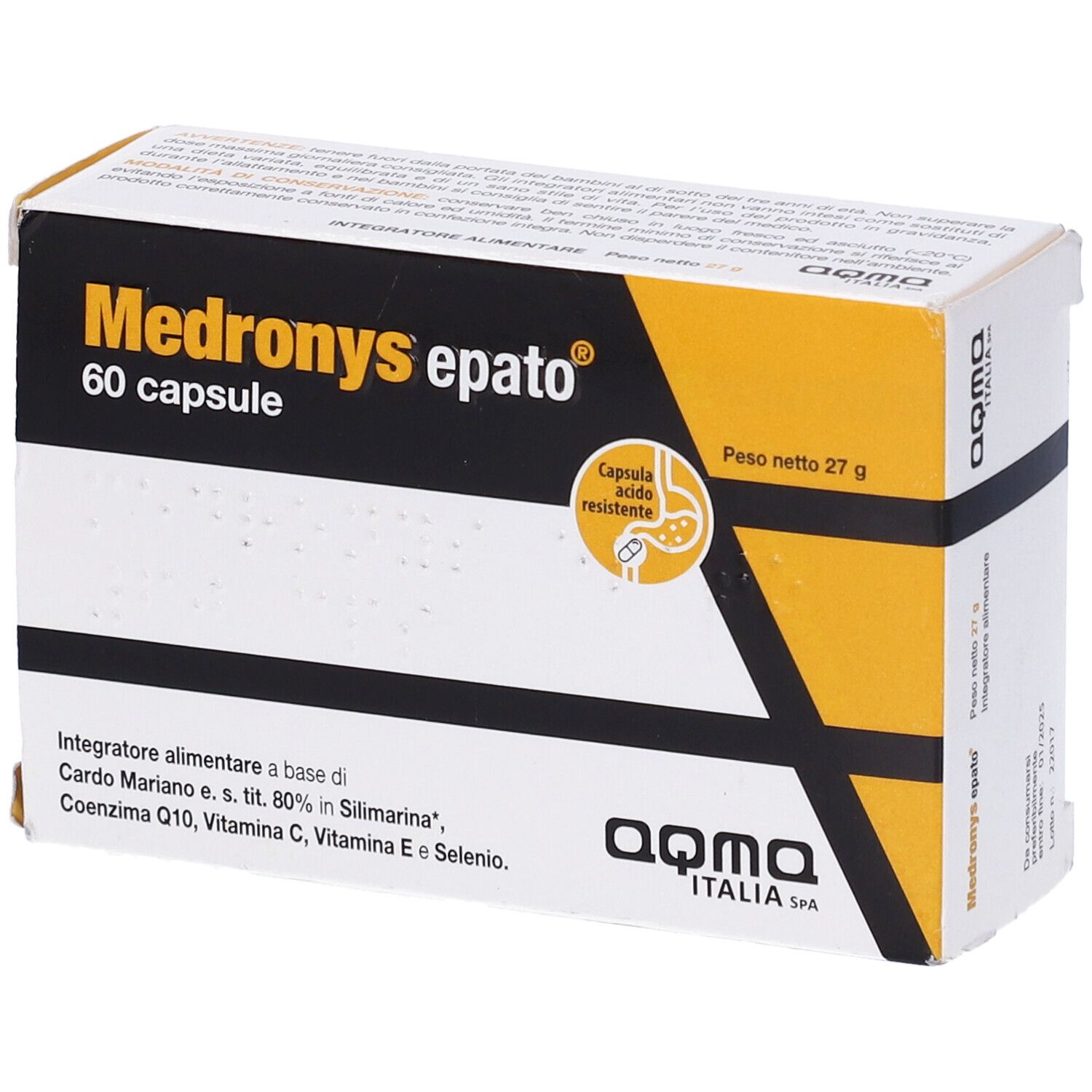 Confezione Medronys epato, 60 capsule. Scatola giallo-bianca con testo nero. Contiene Cardo Mariano, Coenzima Q10, Vitamina C, E e Selenio.