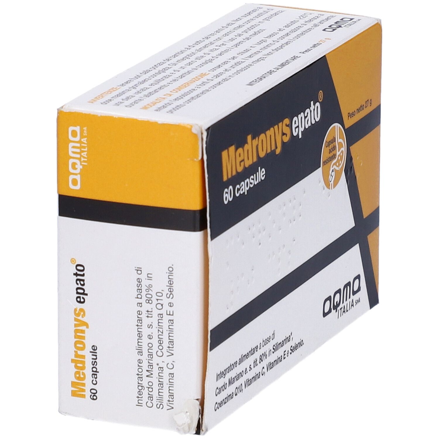 Confezione Medronys epato, 60 capsule. Scatola giallo-bianca con testo nero. Contiene Cardo Mariano, Coenzima Q10, Vitamina C, E e Selenio.