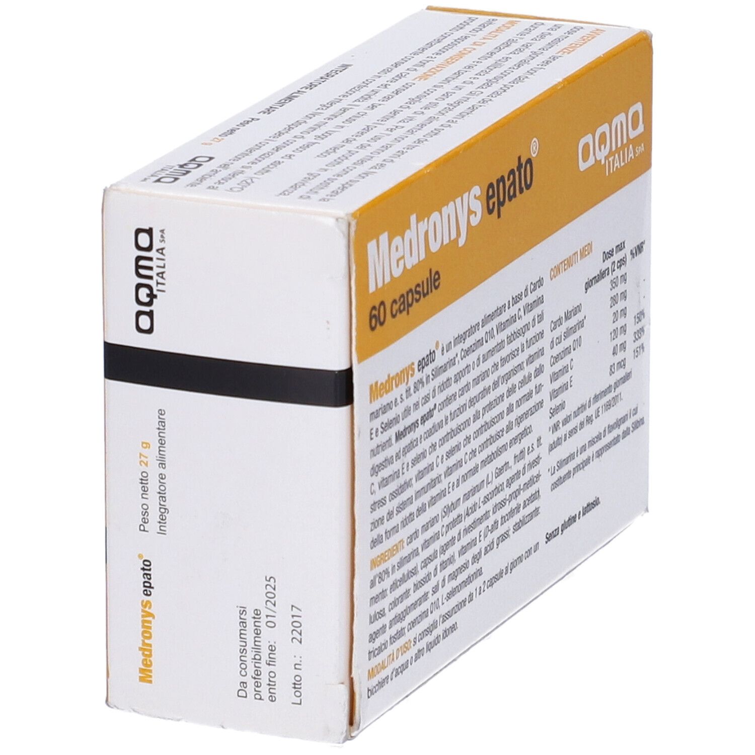 Confezione Medronys epato, 60 capsule. Scatola giallo-bianca con testo nero. Contiene Cardo Mariano, Coenzima Q10, Vitamina C, E e Selenio.
