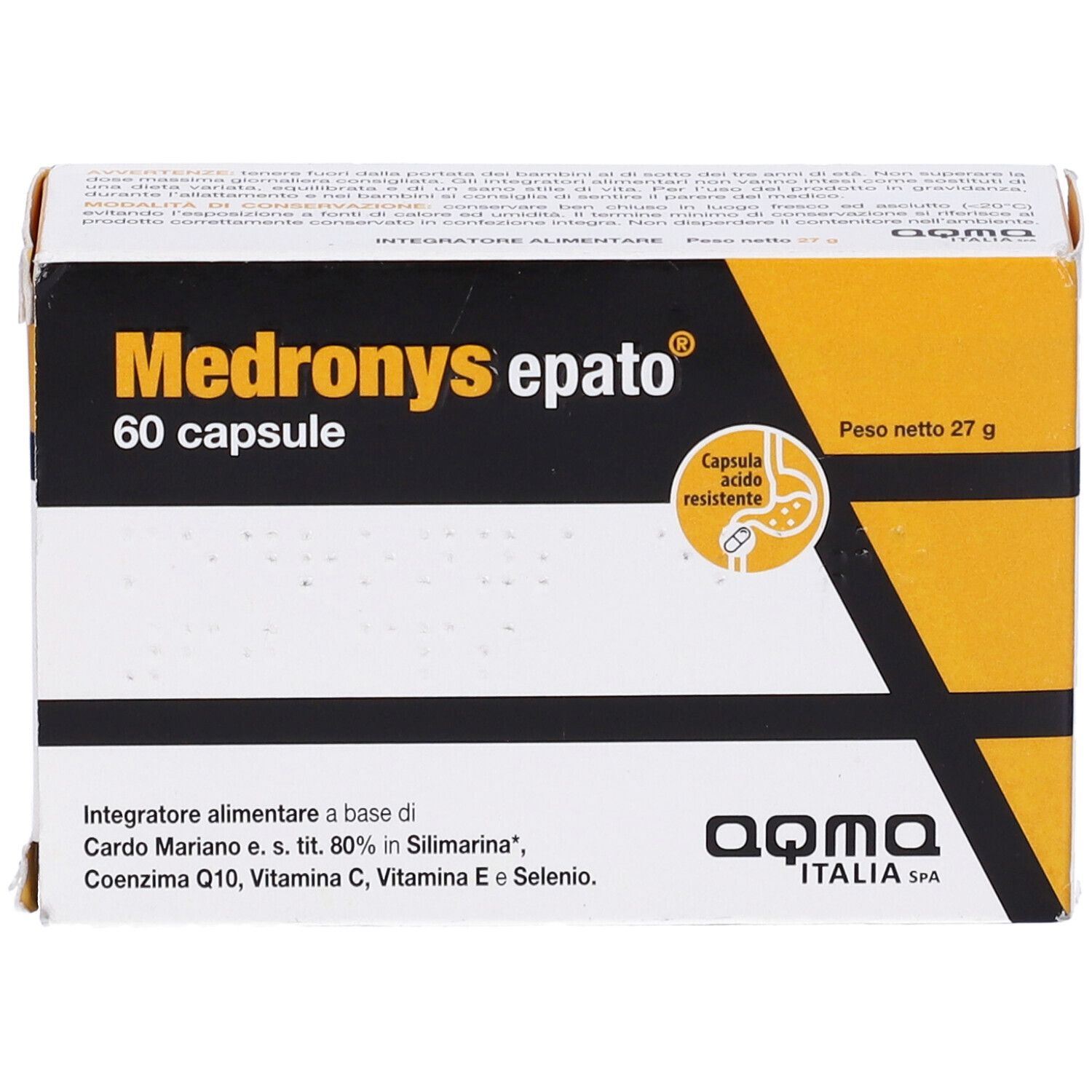Confezione Medronys epato, 60 capsule. Scatola giallo-bianca con testo nero. Contiene Cardo Mariano, Coenzima Q10, Vitamina C, E e Selenio.