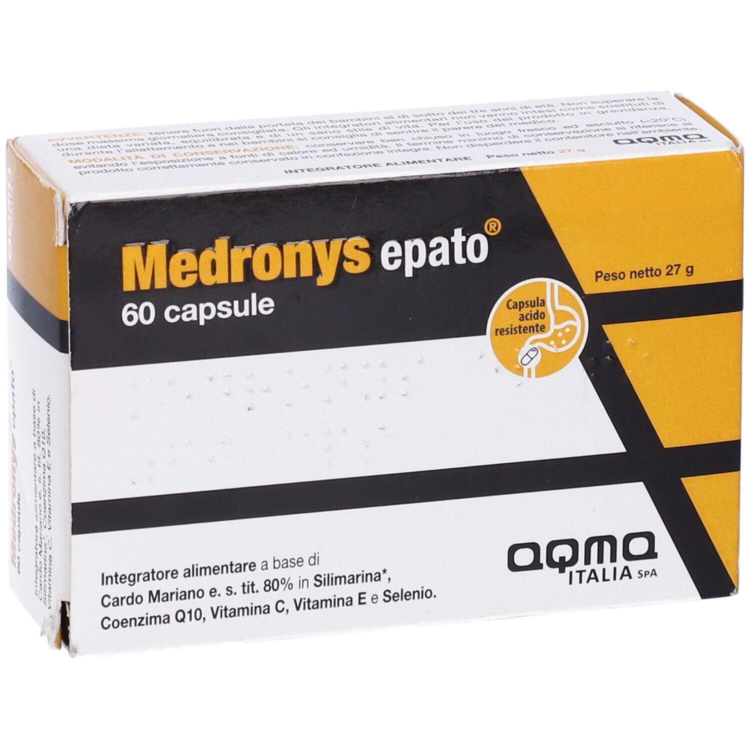 Confezione Medronys epato, 60 capsule. Scatola giallo-bianca con testo nero. Contiene Cardo Mariano, Coenzima Q10, Vitamina C, E e Selenio.