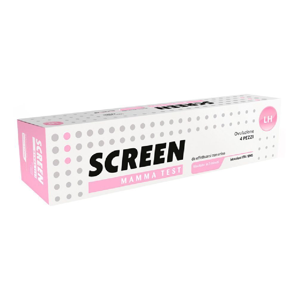 Verpackung von Screen Mamma Test. Weiß und rosa Schachtel mit Produktnamen und Aufschrift "Ovulazione 4 pezzi".