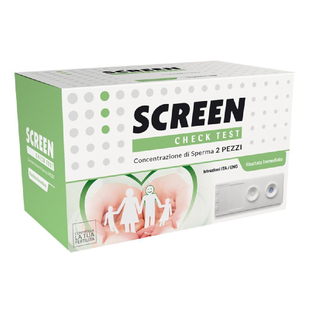 Confezione di Screen Check Test. Scritta: SCREEN CHECK TEST, Concentrazione di Sperma 2 PEZZI. Contiene strisce reattive.