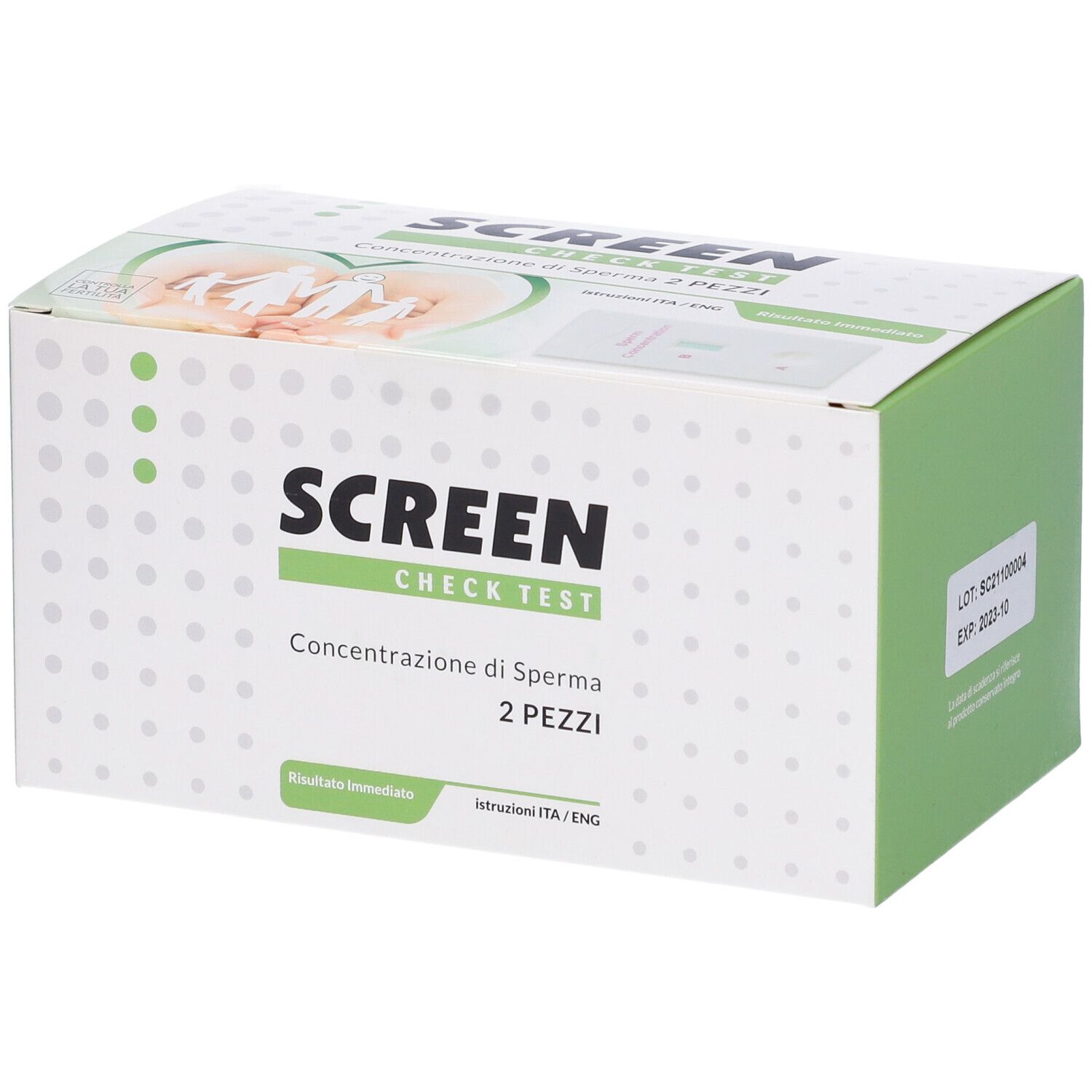 Confezione di Screen Check Test. Scritta: SCREEN CHECK TEST, Concentrazione di Sperma 2 PEZZI. Accenti verdi.