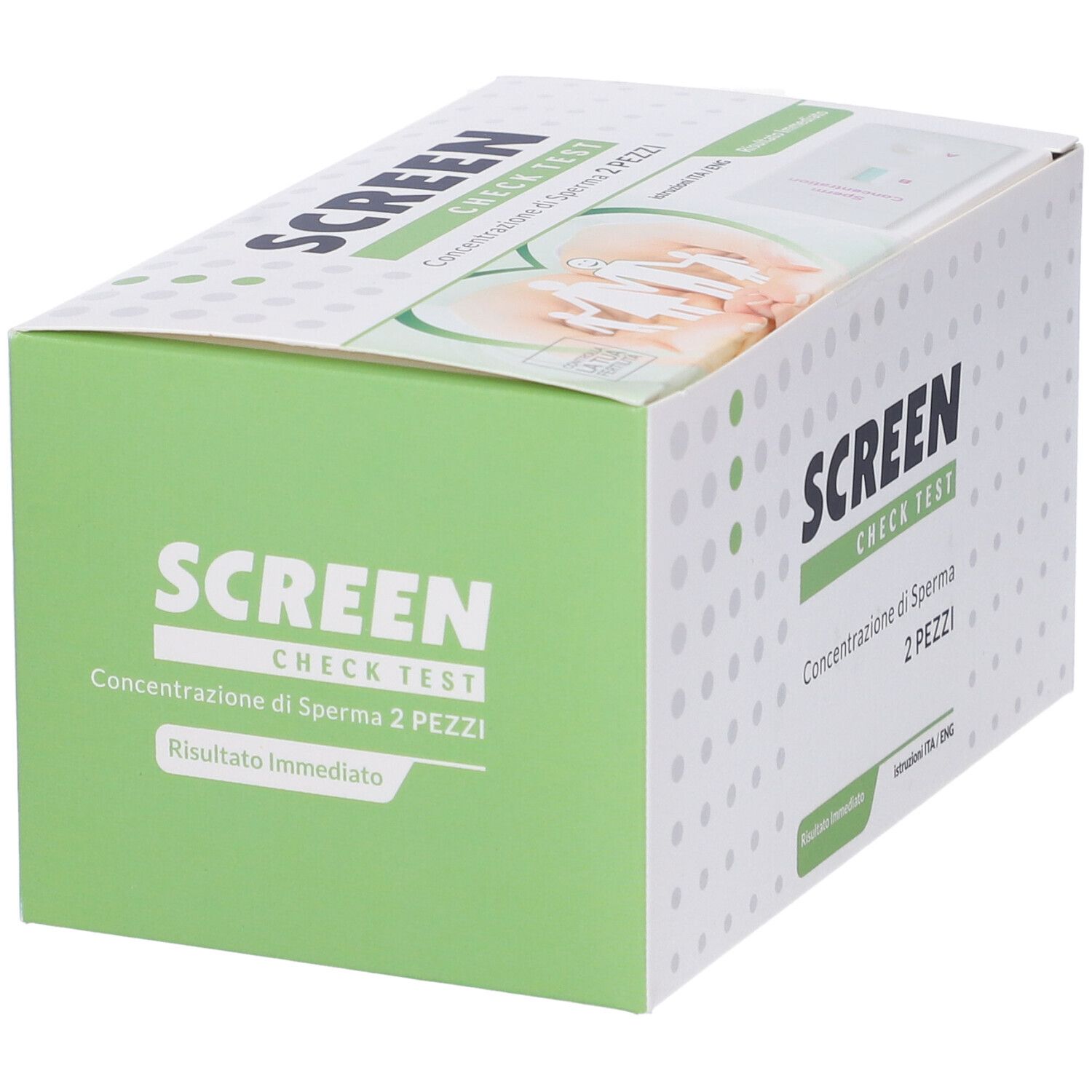 Confezione di Screen Check Test. Scritta: SCREEN CHECK TEST, Concentrazione di Sperma 2 PEZZI. Accenti verdi.
