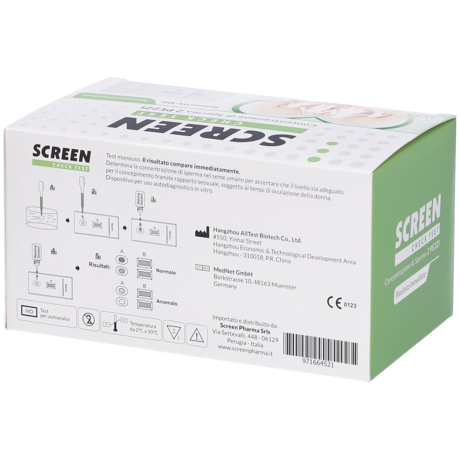 Confezione di Screen Check Test. Scritta: SCREEN CHECK TEST, Concentrazione di Sperma 2 PEZZI. Contiene istruzioni.