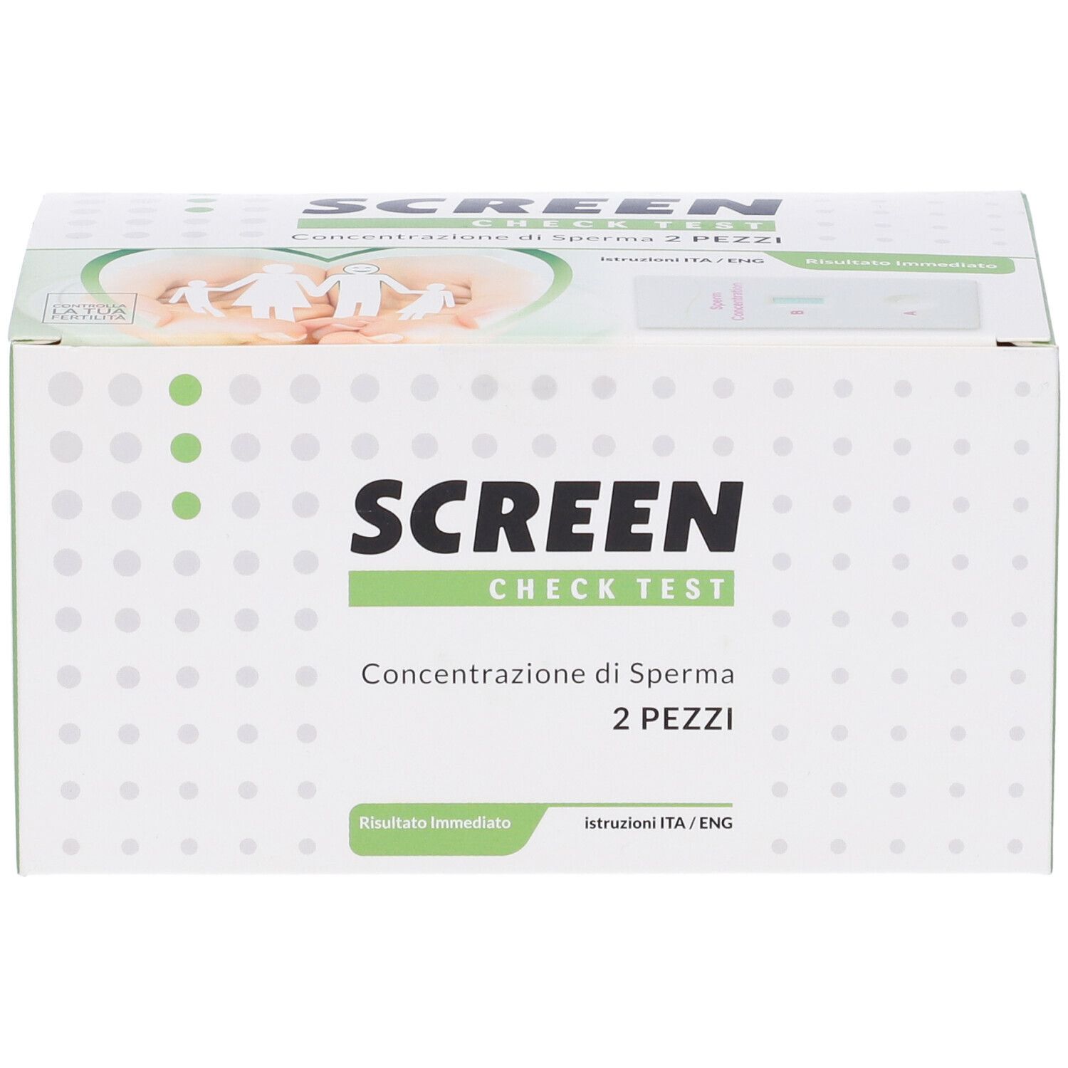 Confezione di Screen Check Test. Scritta: SCREEN CHECK TEST, Concentrazione di Sperma 2 PEZZI. Contiene strisce reattive.