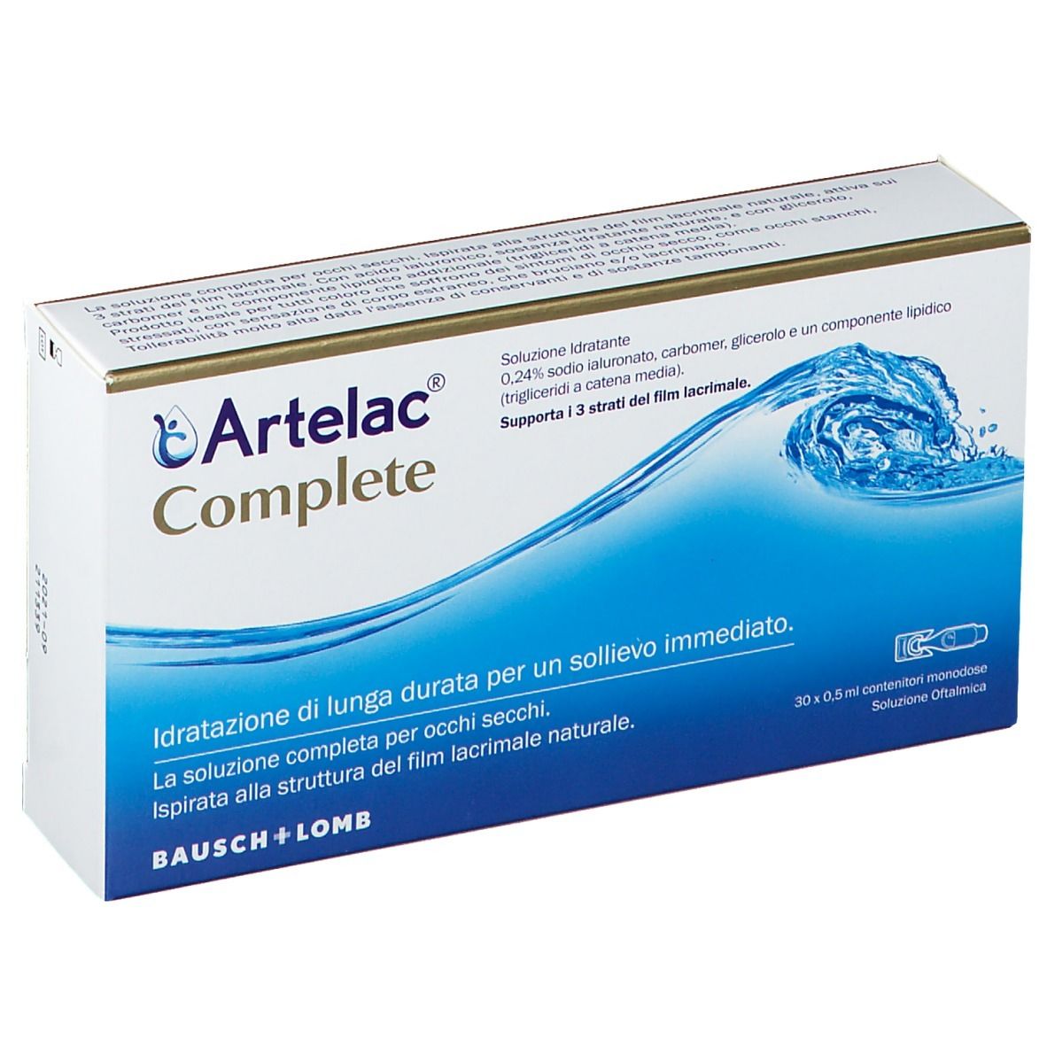 Confezione di Artelac Complete. Scatola bianca con illustrazione di onde blu e informazioni sul prodotto. Scritta Artelac Complete.