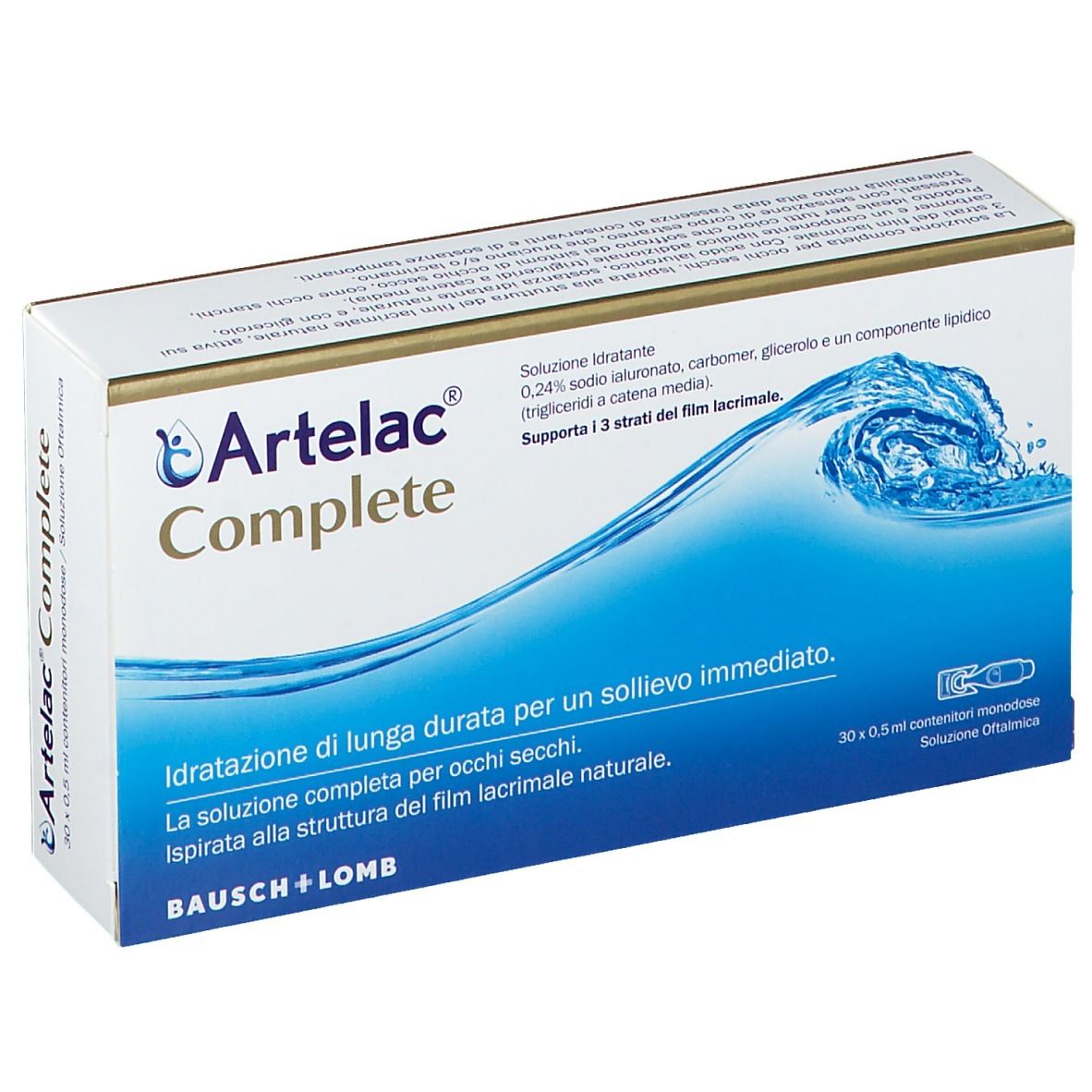 Confezione di Artelac Complete. Scatola bianca con illustrazione di onde blu e informazioni sul prodotto. Scritta Artelac Complete.