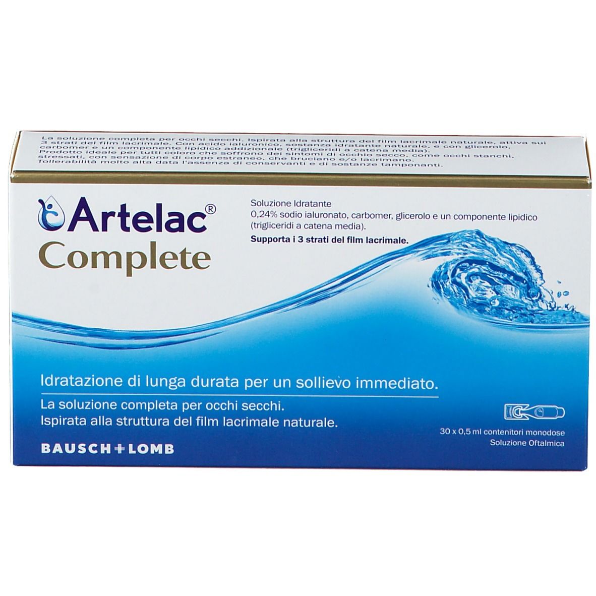 Confezione di Artelac Complete. Scatola bianca con illustrazione di onde blu e informazioni sul prodotto. Scritta Artelac Complete.