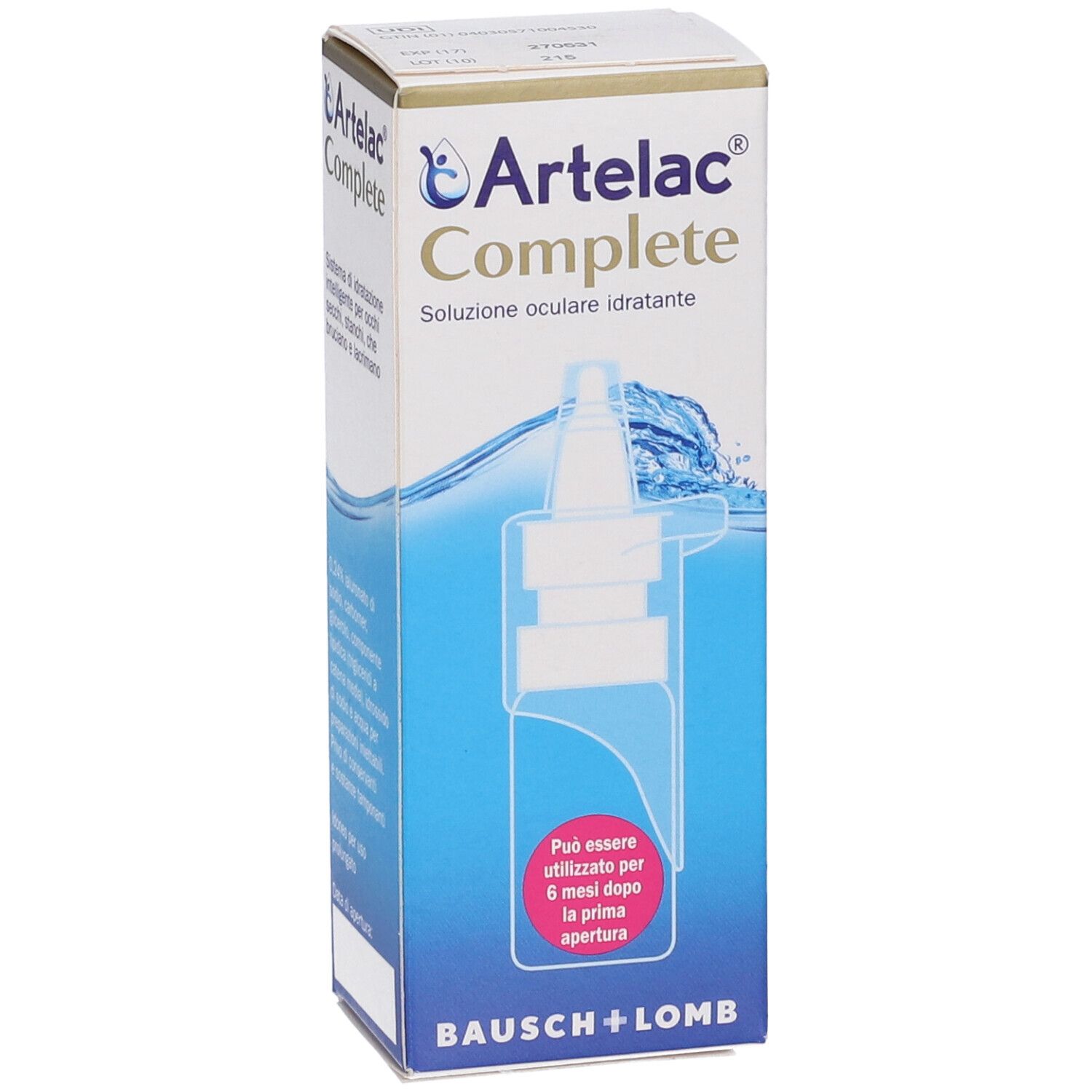 Schachtel mit Artelac Complete. Aufschrift: Sistema di idratazione intelligente. 6 Monate nach Öffnung haltbar. Bausch + Lomb.