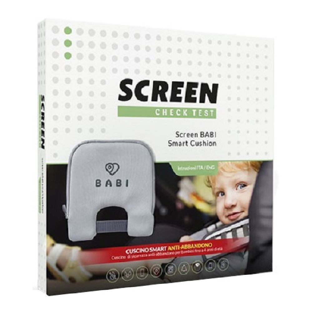 Confezione del prodotto Screen Babi Smart Cushion. Cuscino grigio con logo BABI. Scritta SCREEN CHECK TEST.