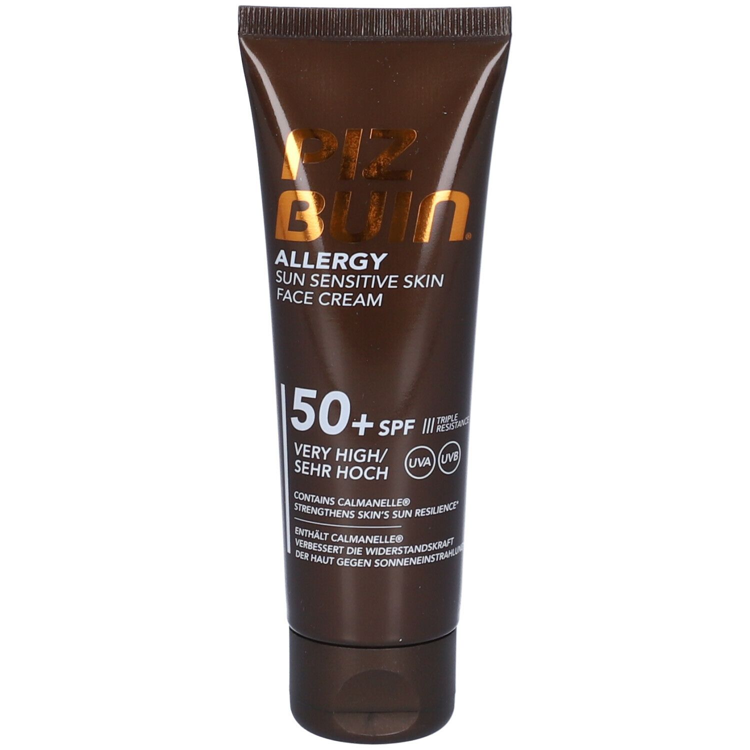 Tubo marrone PIZ BUIN, Allergy, Sun Sensitive Skin Face Cream, SPF 50+. Contiene Calmanelle. Protezione alta.