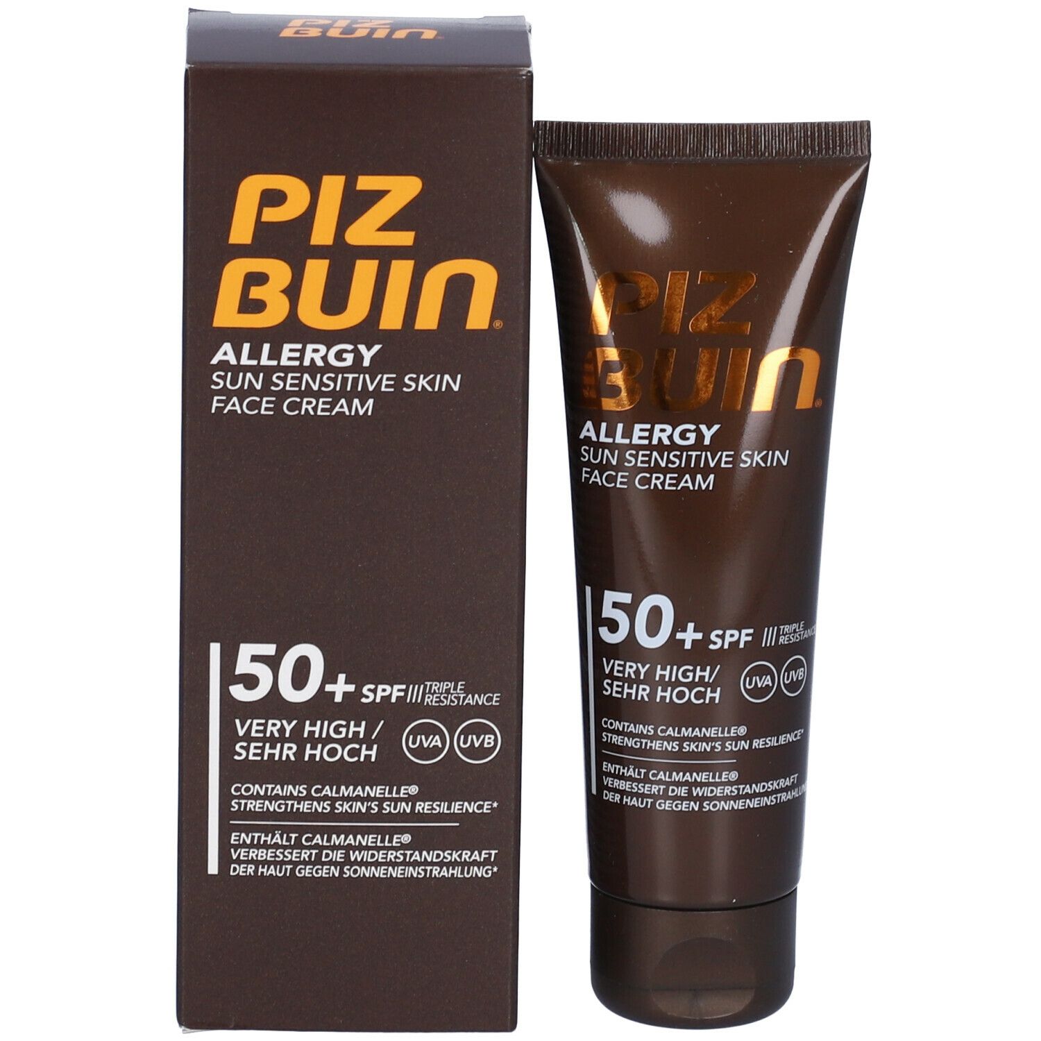 Confezione del prodotto con tubo e scatola. PIZ BUIN, Allergy, Sun Sensitive Skin Face Cream, SPF 50+. Contiene Calmanelle.