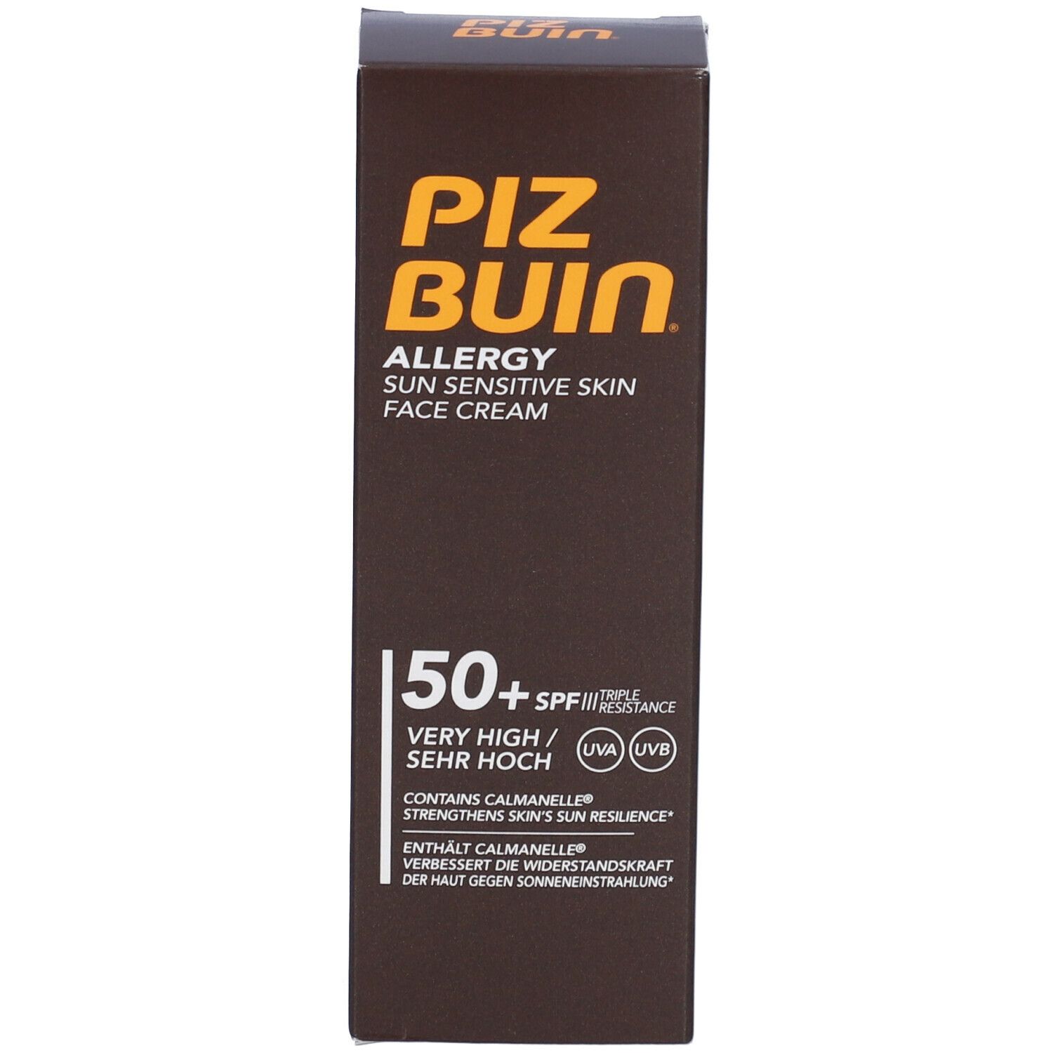 Confezione in cartone. PIZ BUIN, Allergy, Sun Sensitive Skin Face Cream, SPF 50+. Contiene Calmanelle. Colore marrone.