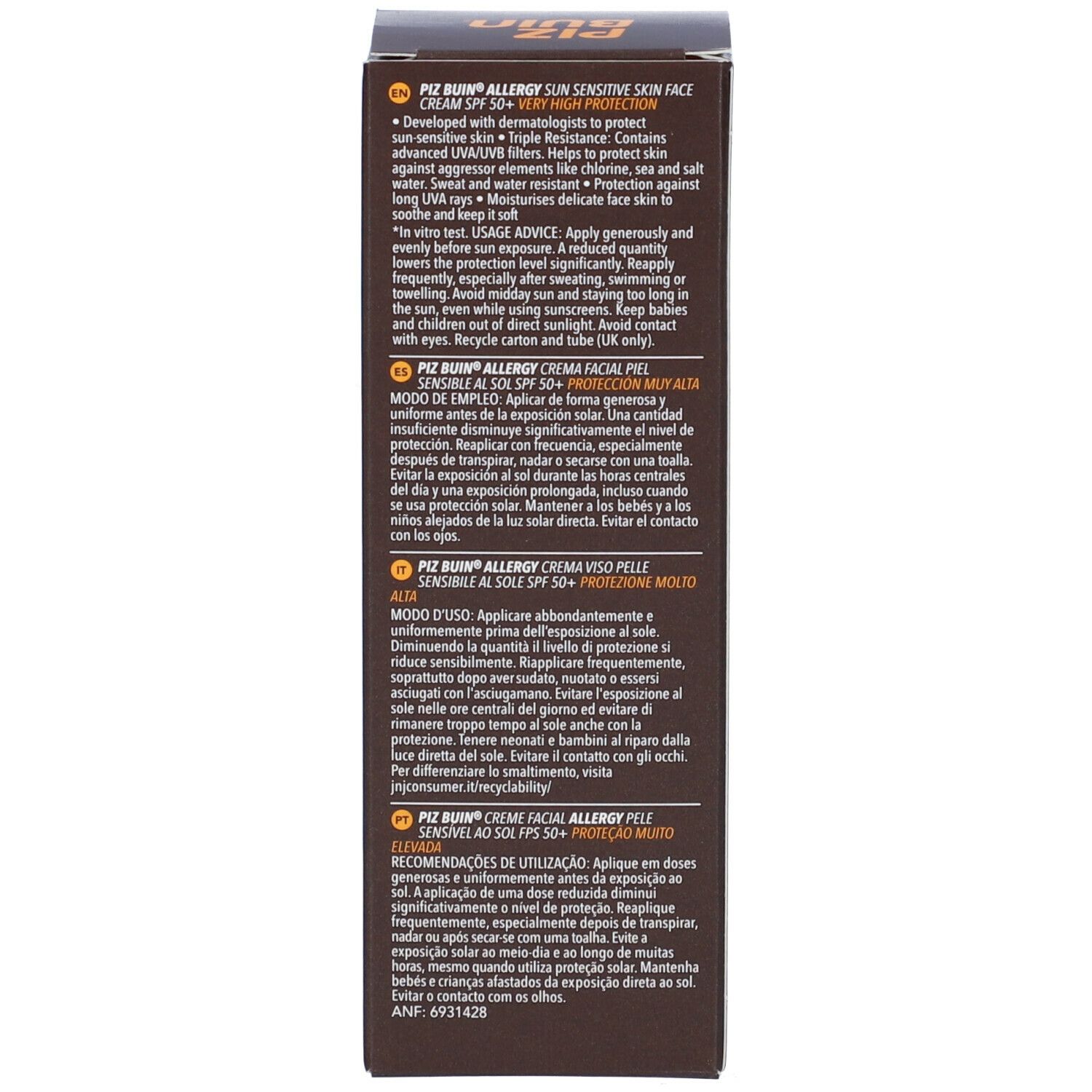 Lato della confezione in cartone. Istruzioni per l'uso multilingue. SPF 50+.