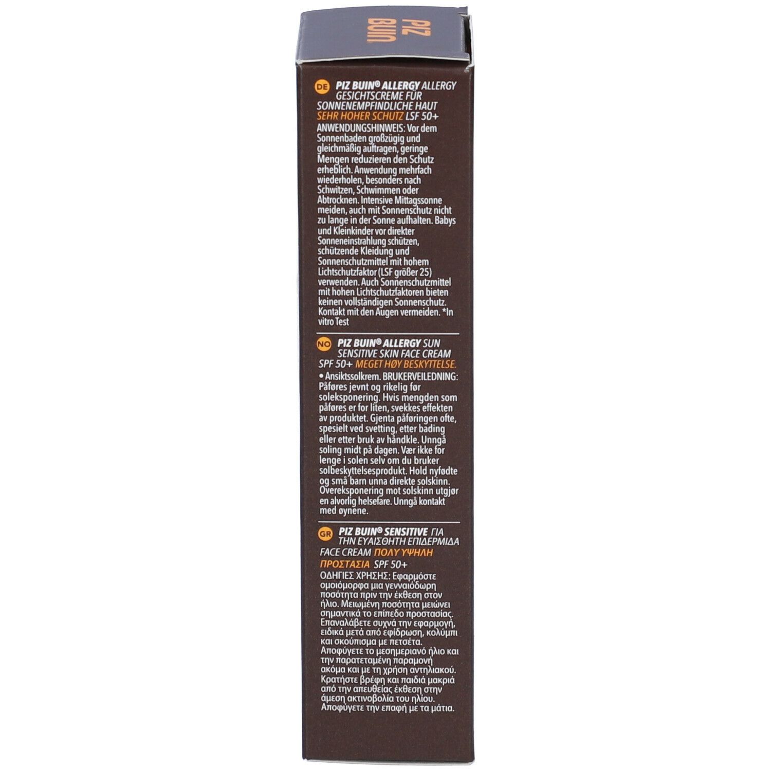 Lato della confezione in cartone. Istruzioni per l'uso multilingue. SPF 50+.