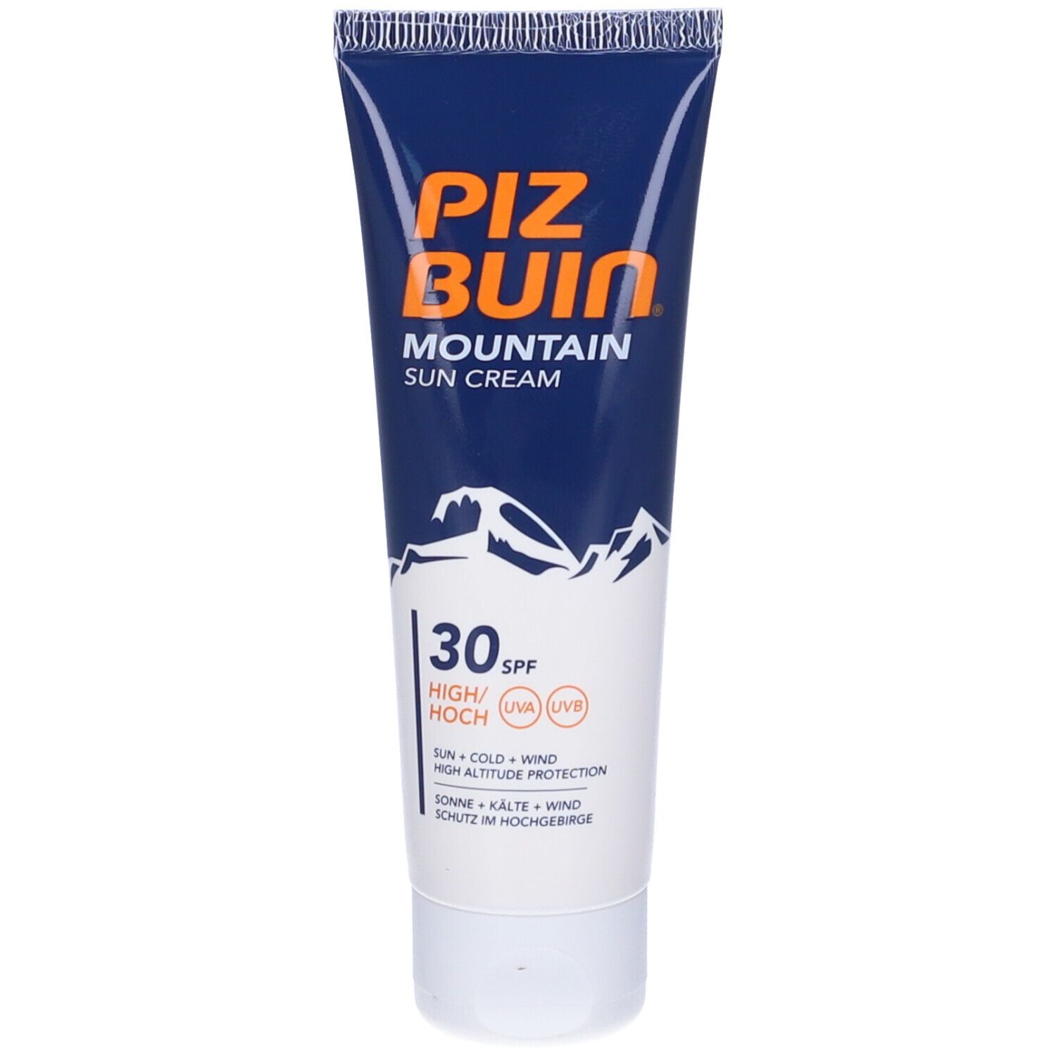 Tubo blu e bianco Piz Buin Mountain Sun Cream SPF 30. Logo montagne. Testo: Sole, freddo, vento, protezione alta quota.