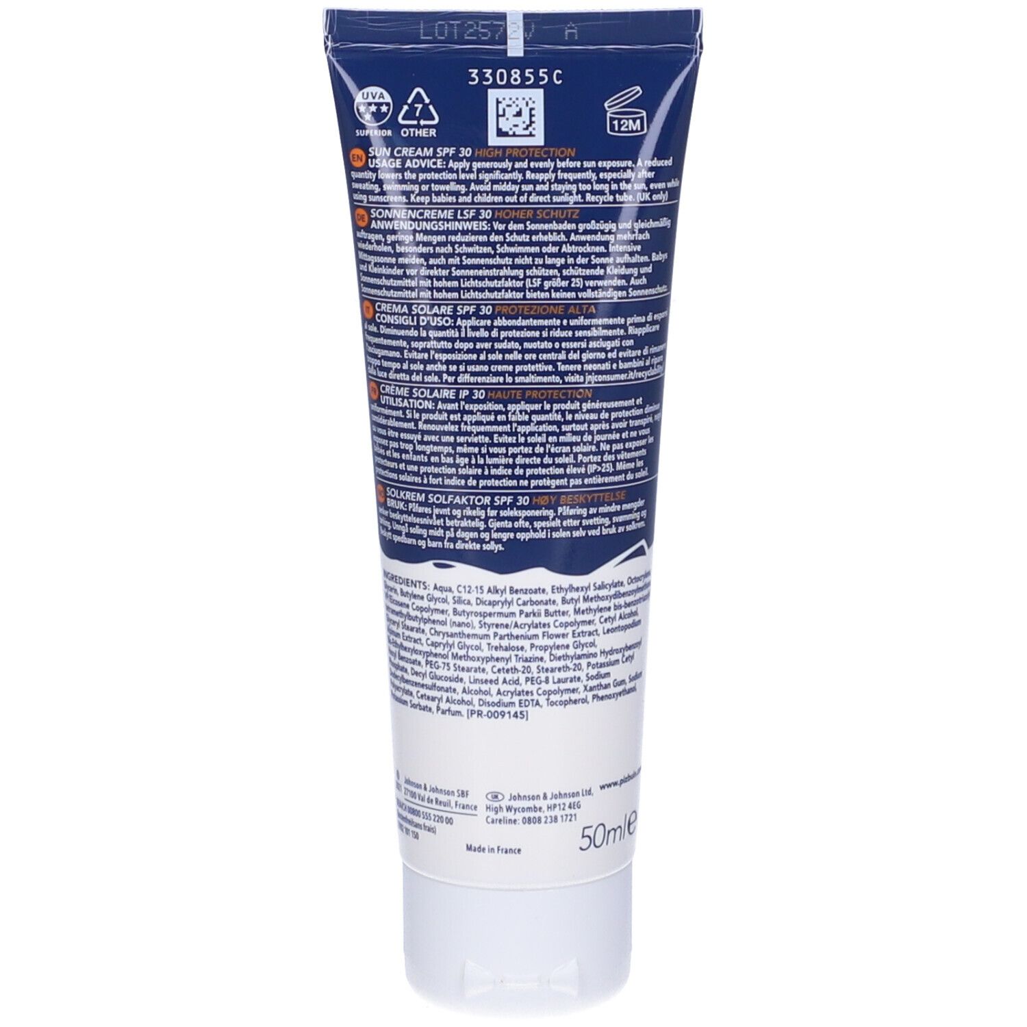 Retro del tubo Piz Buin Mountain Sun Cream. Testo multilingue. Ingredienti, informazioni produttore, 50ml.