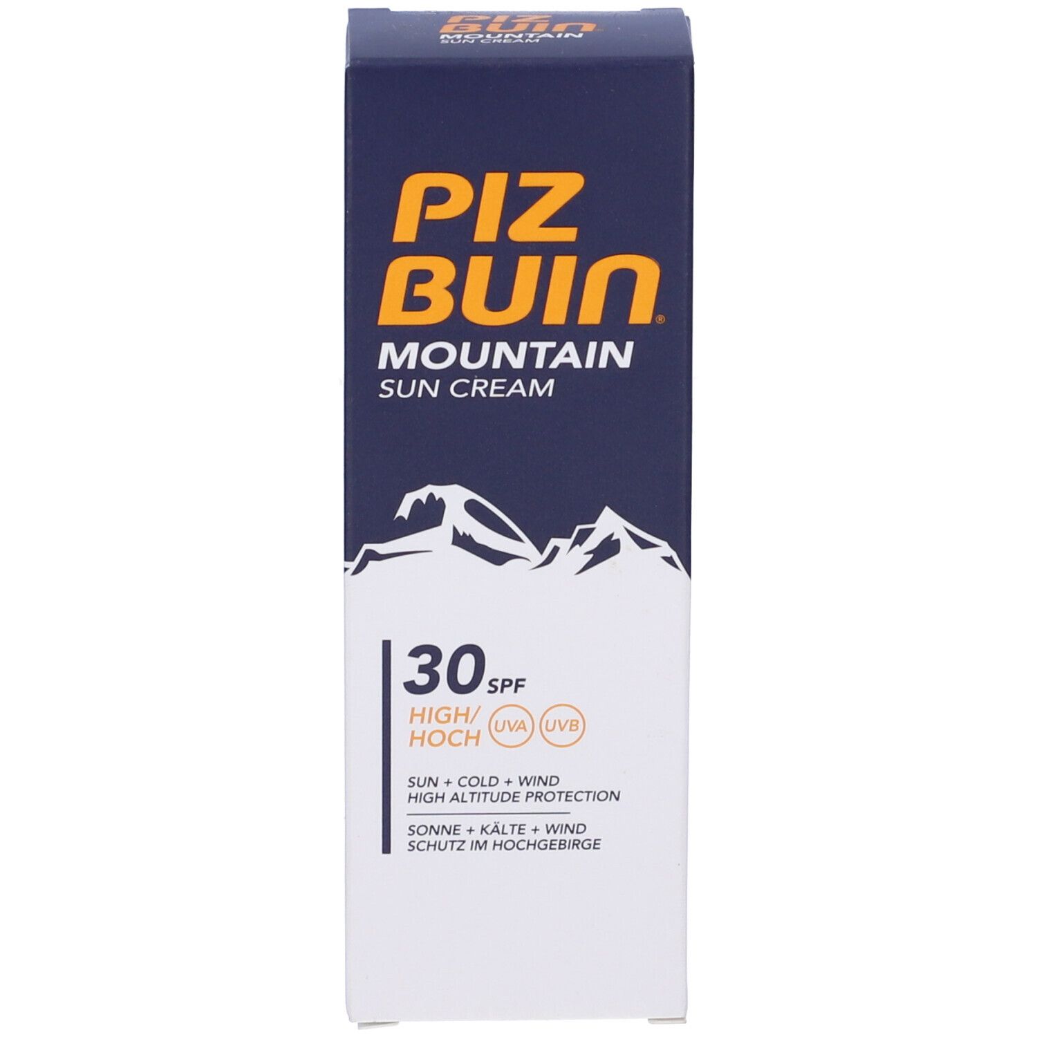 Scatola Piz Buin Mountain Sun Cream SPF 30. Logo montagne. Testo: Sole, freddo, vento, protezione alta quota. SPF 30.