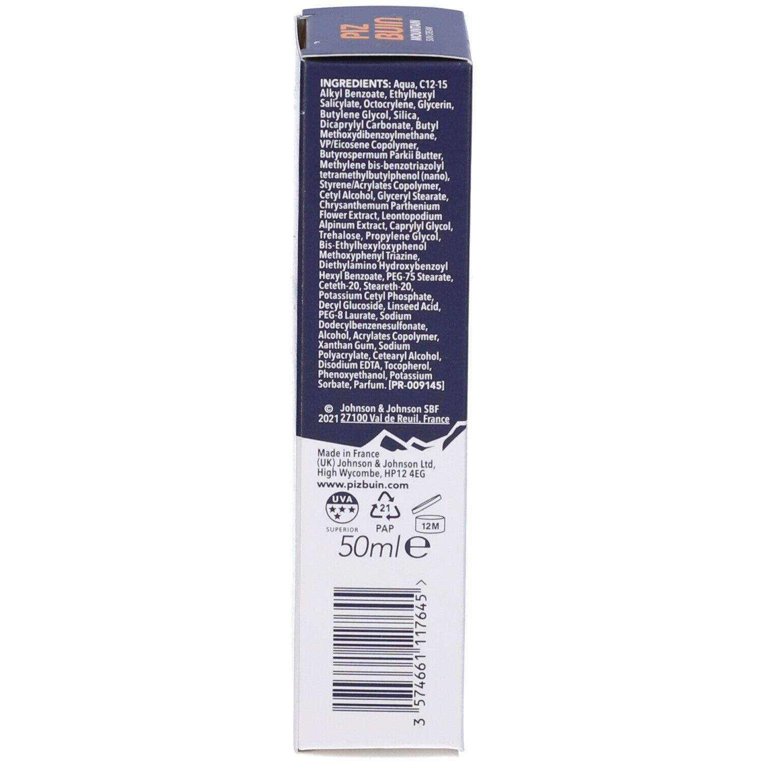Retro della scatola Piz Buin Mountain Sun Cream. Testo multilingue. Ingredienti, informazioni produttore, 50ml.