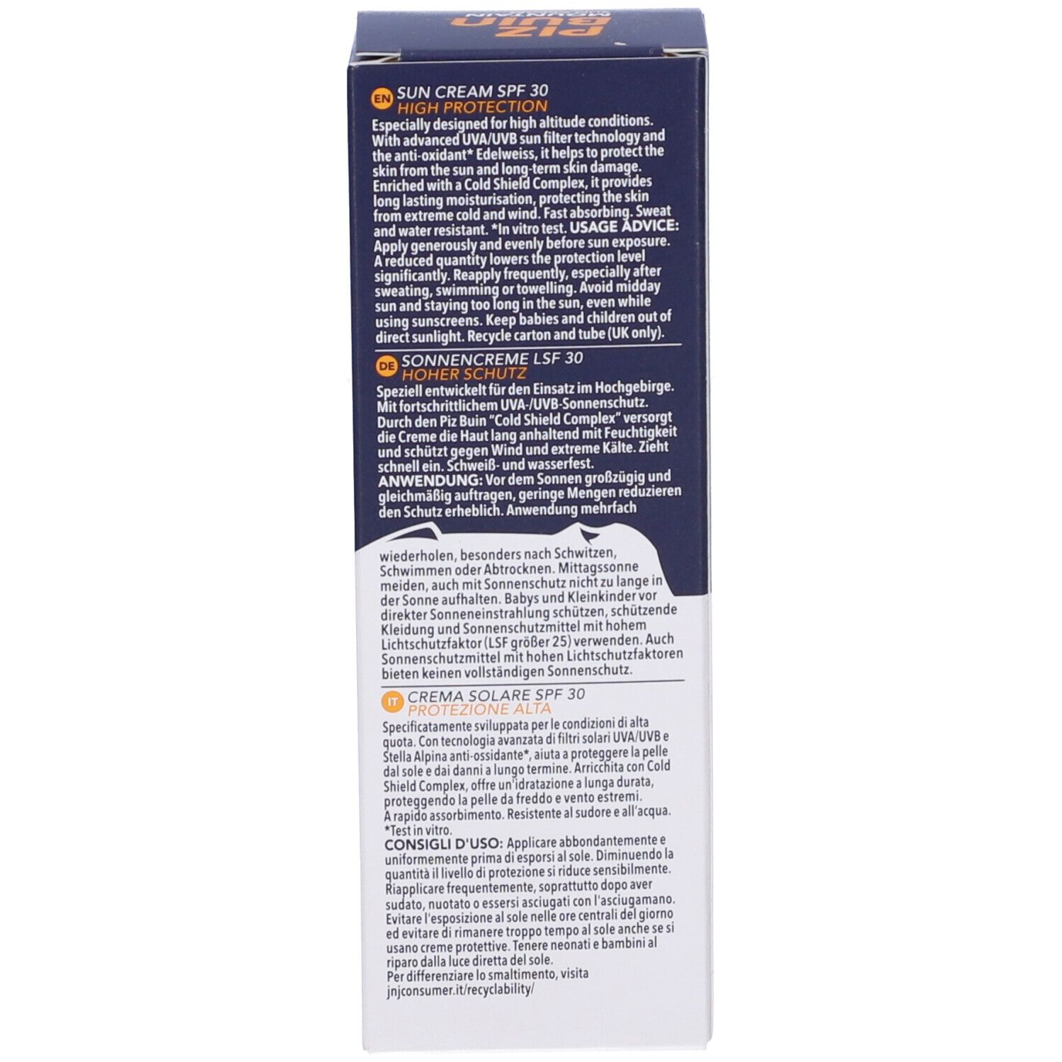 Scatola Piz Buin Mountain Sun Cream, testo multilingue. Istruzioni per l'uso, informazioni protezione solare.