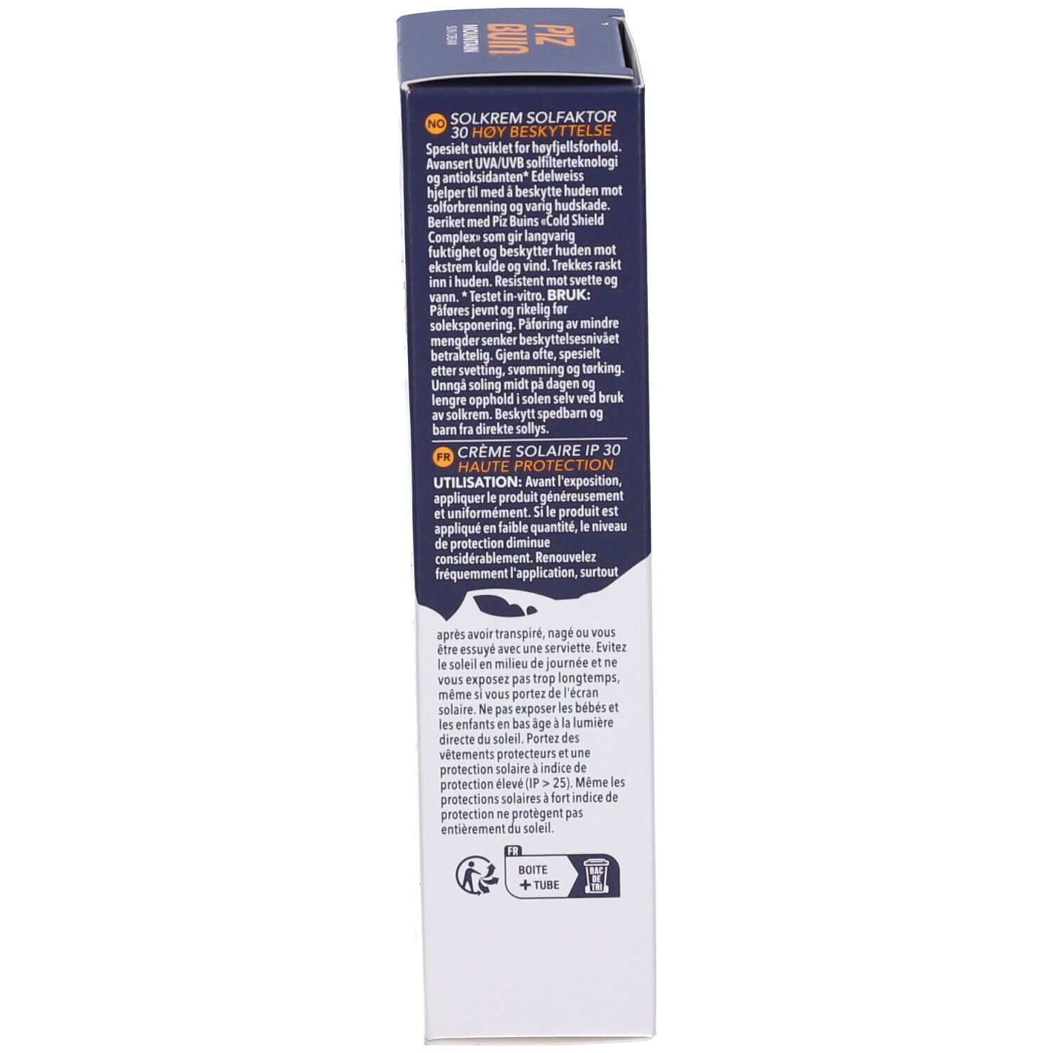 Scatola Piz Buin Mountain Sun Cream, testo multilingue. Istruzioni per l'uso, informazioni protezione solare.