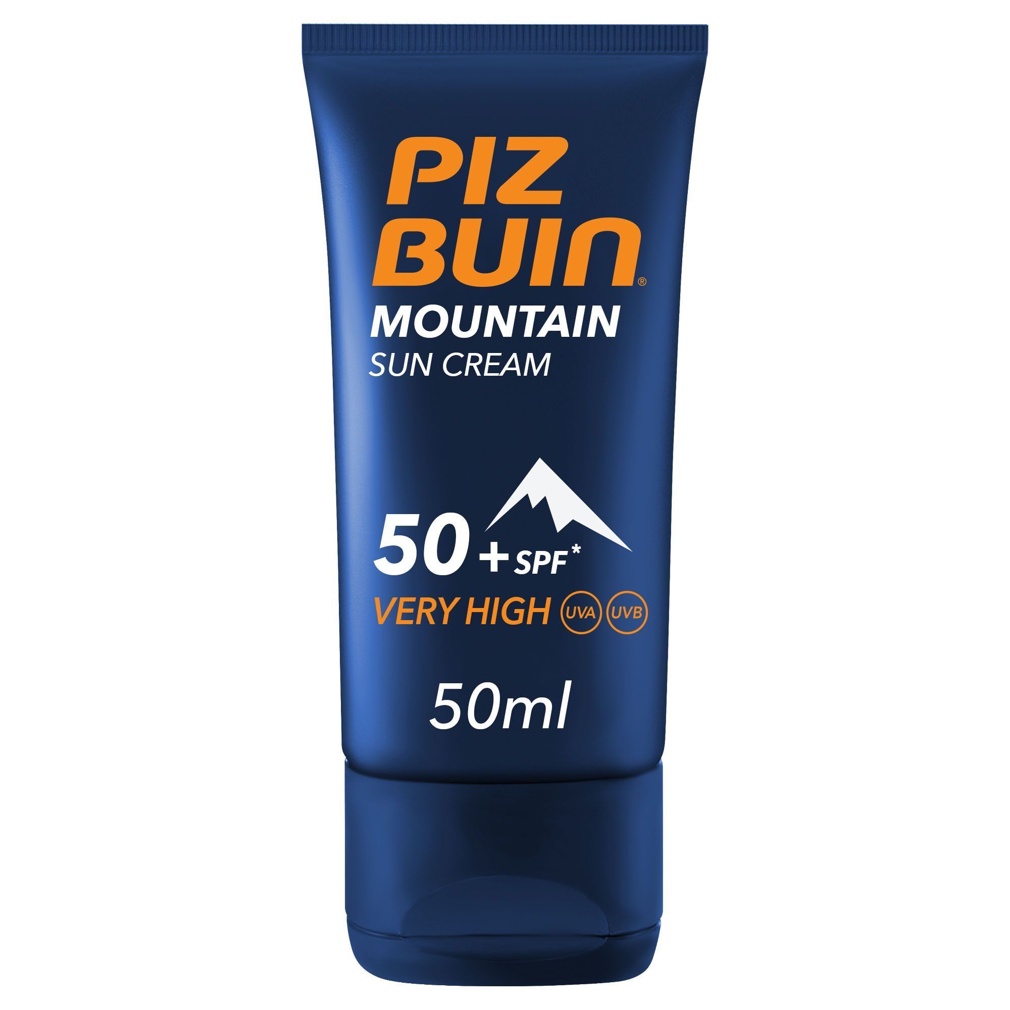 Tubo blu con scritta arancione. Crema solare SPF 50+. Logo montagna.