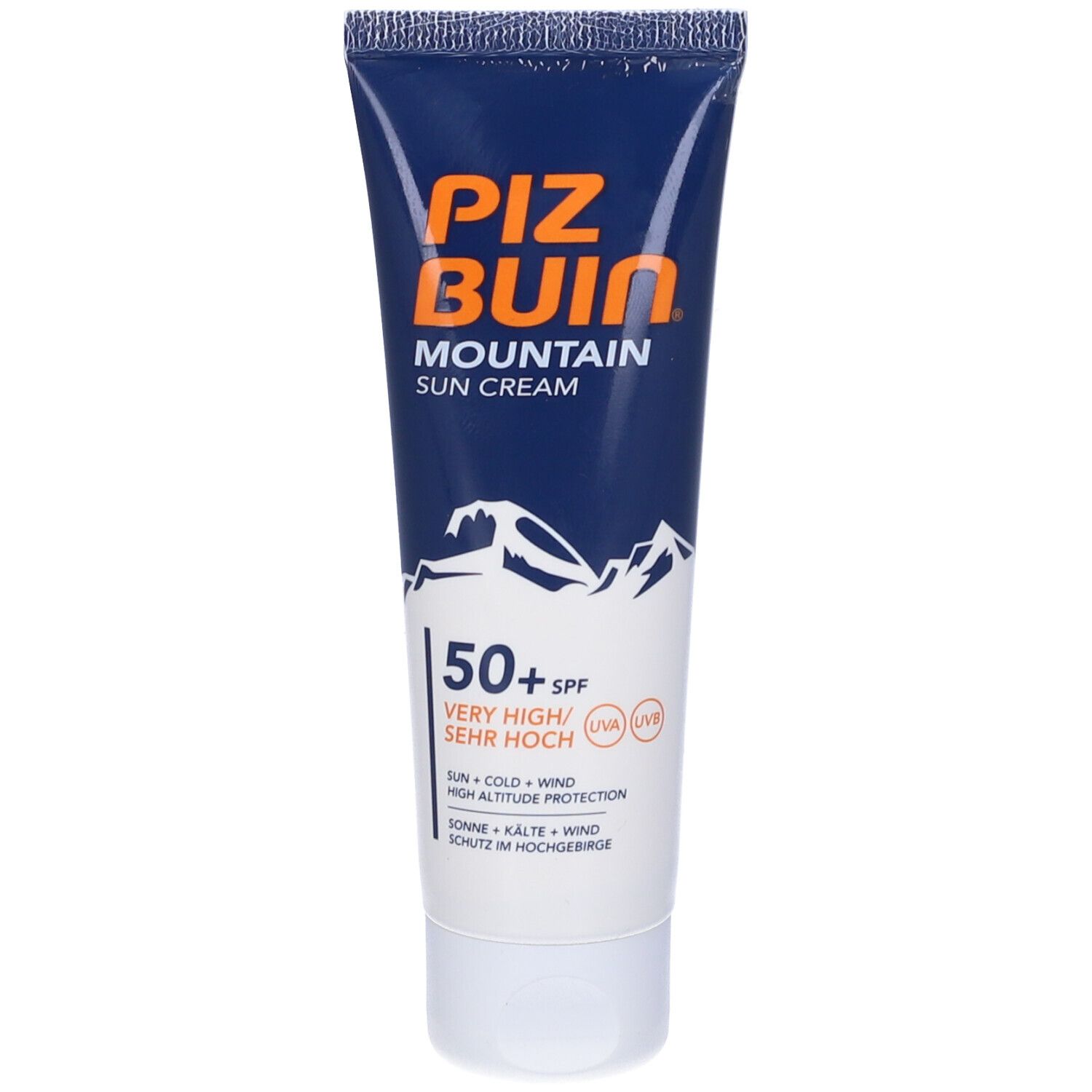 Tubo blu su sfondo bianco. Crema solare SPF 50+. Logo montagna. Testo: sole, freddo, vento.