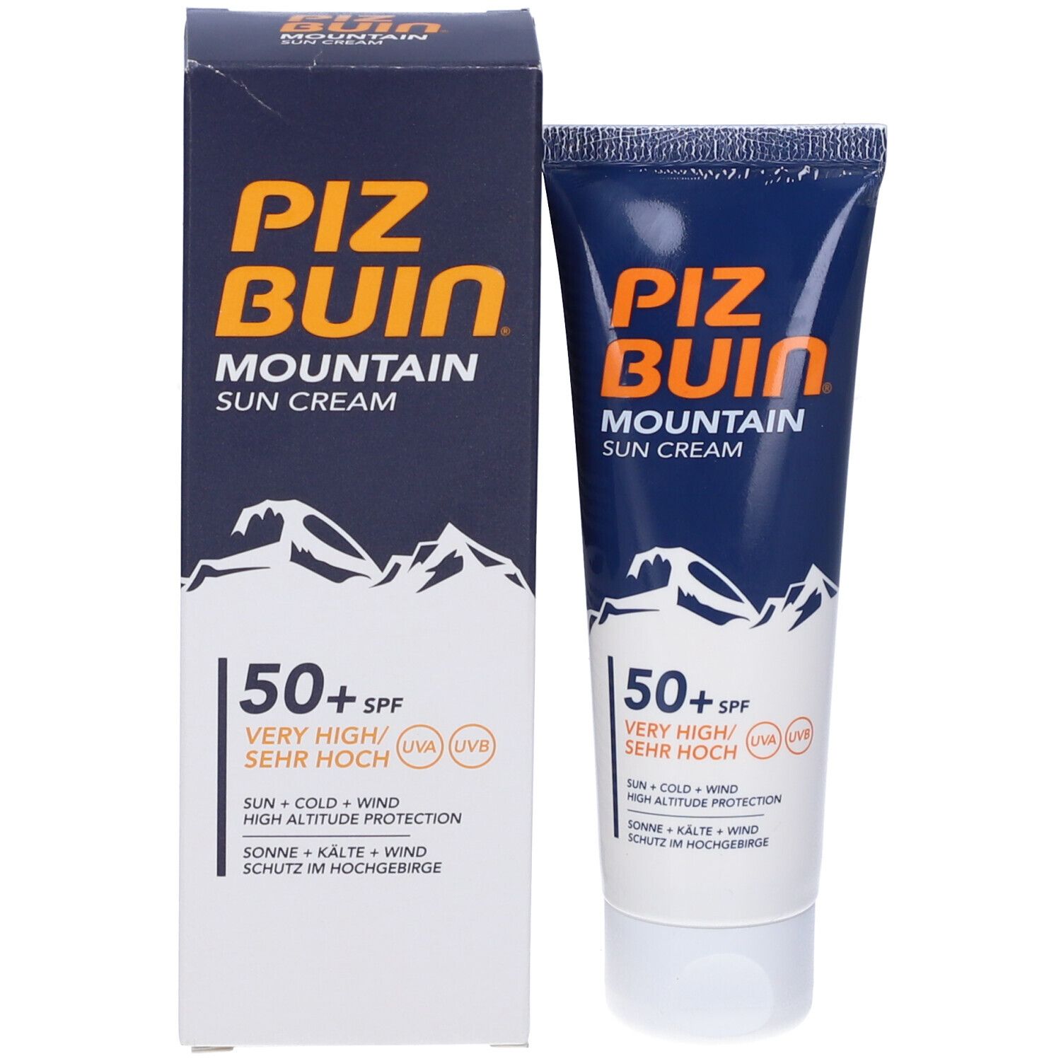 Prodotto e confezione. Tubo e scatola. Crema solare SPF 50+. Logo montagna.