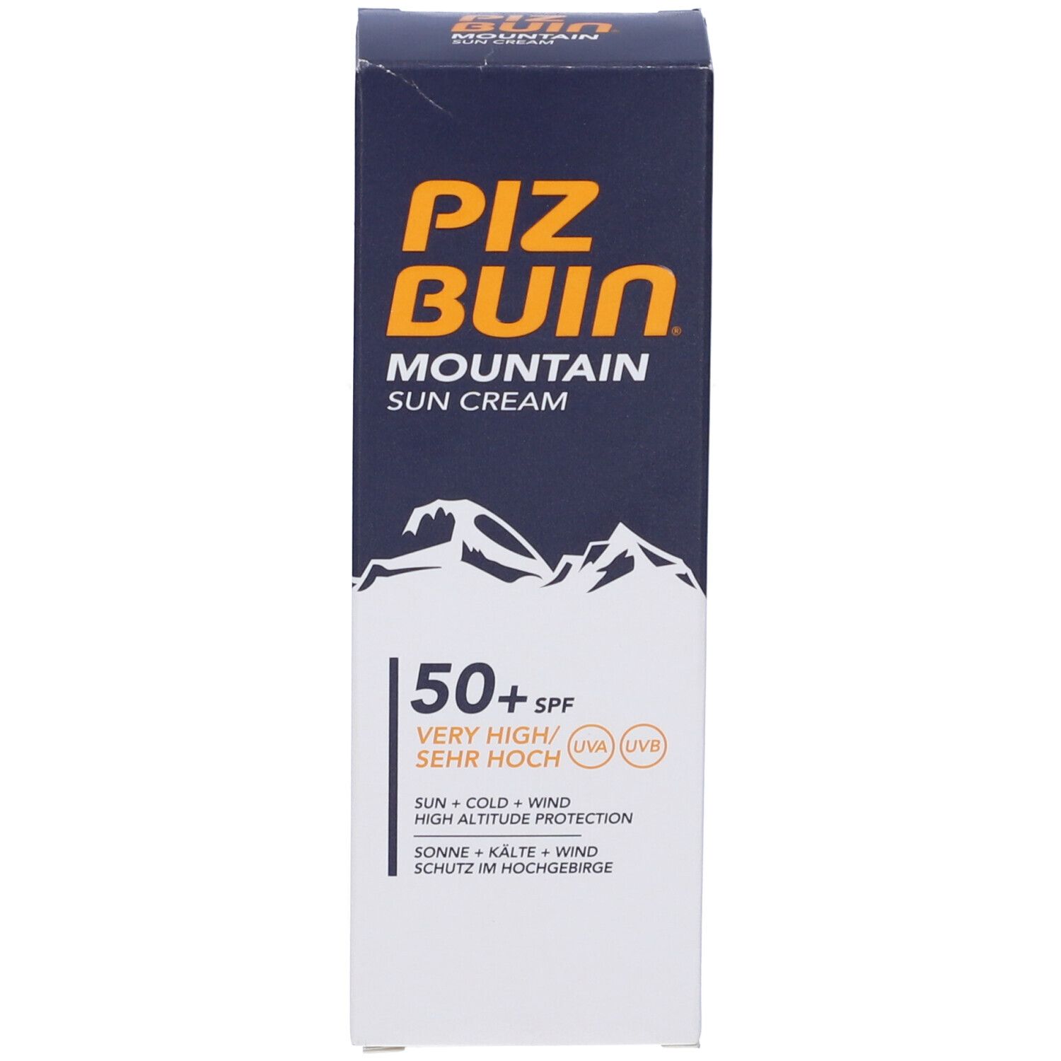 Scatola con crema solare. Testo: SPF 50+. Logo montagna. Nome del prodotto.
