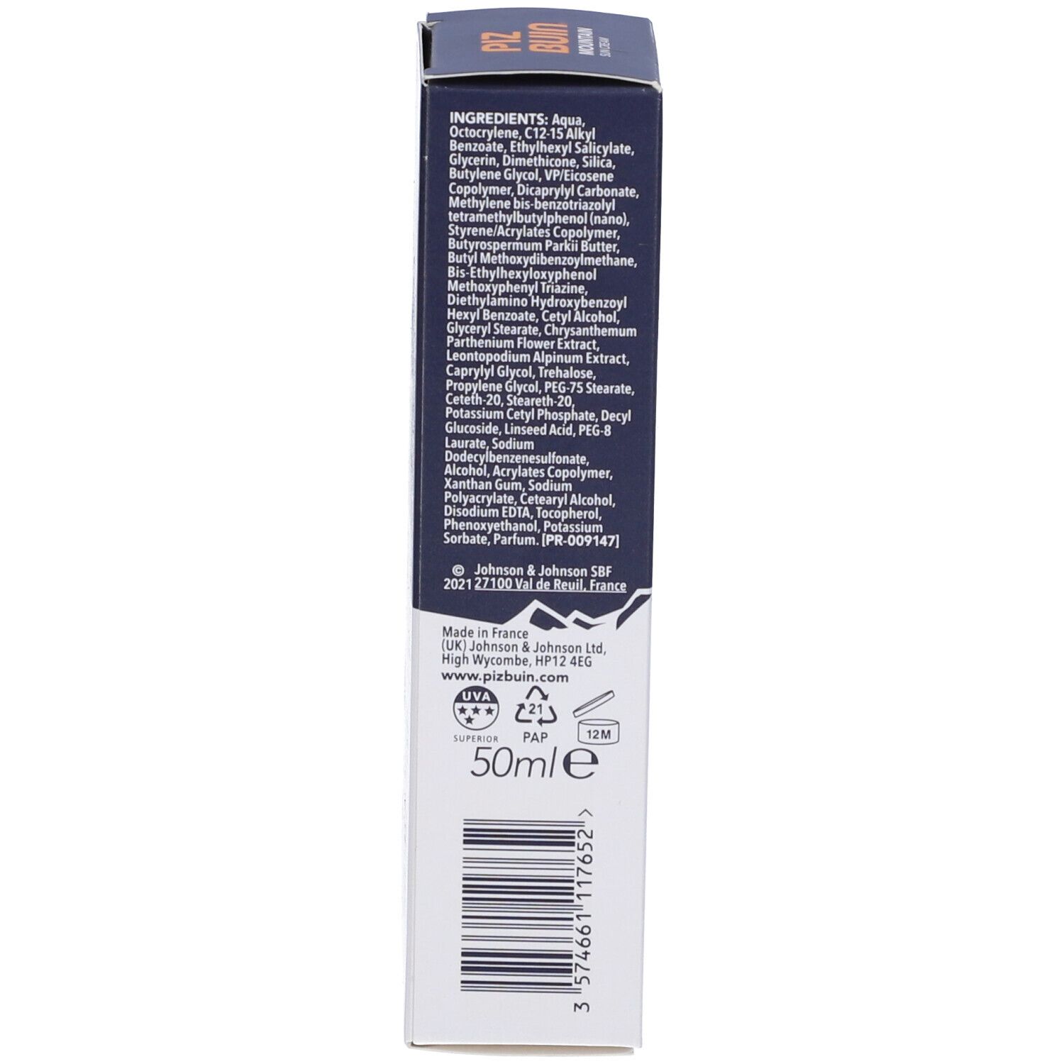 Retro della scatola. Ingredienti e informazioni produttore. Testo multilingue.