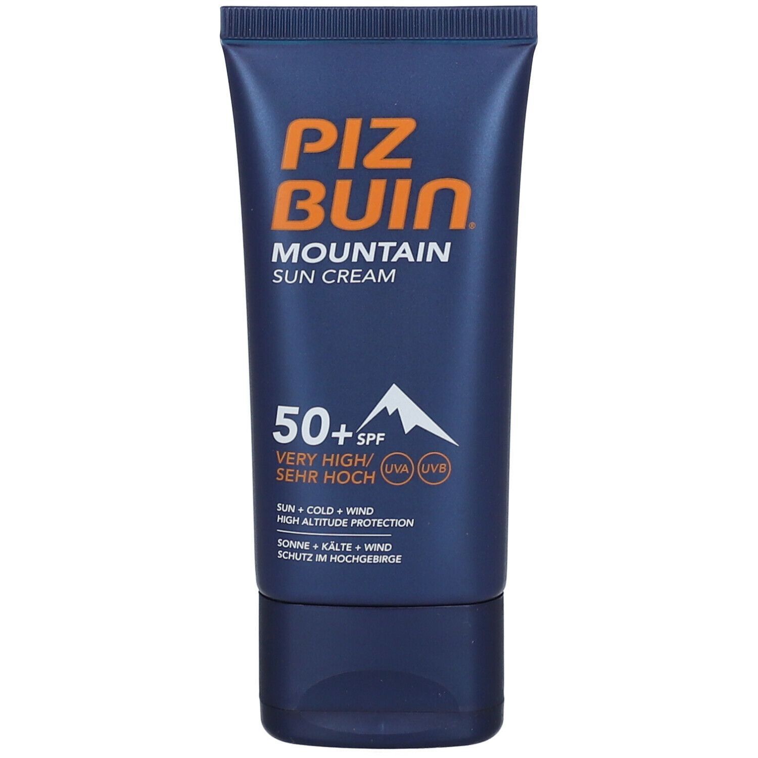 Tubo blu con scritta arancione. Crema solare SPF 50+. Testo: sole, freddo, vento.