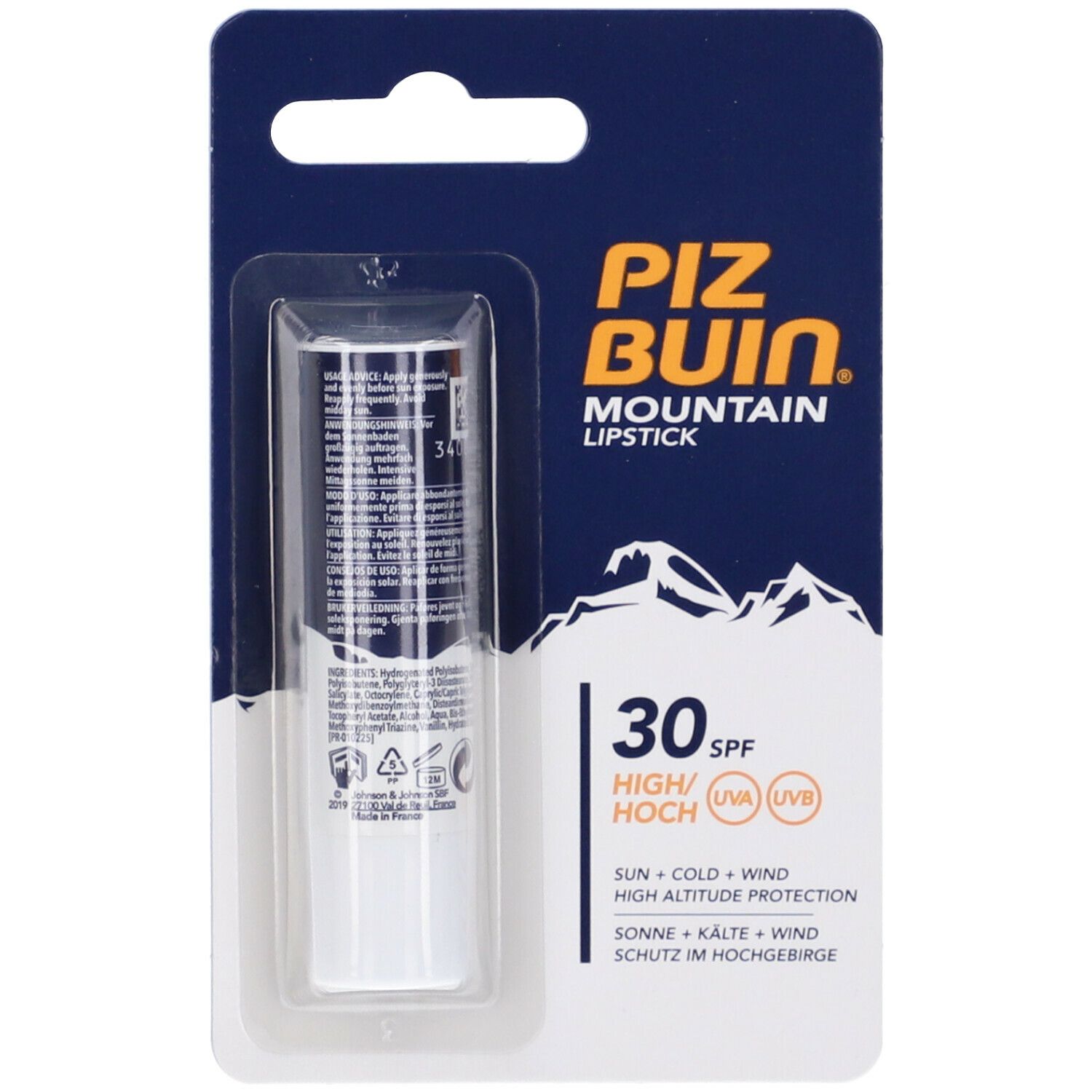 Piz Buin Mountain Lipstick SPF30. Stick labbra in blister. Protezione solare, freddo e vento per alta montagna.