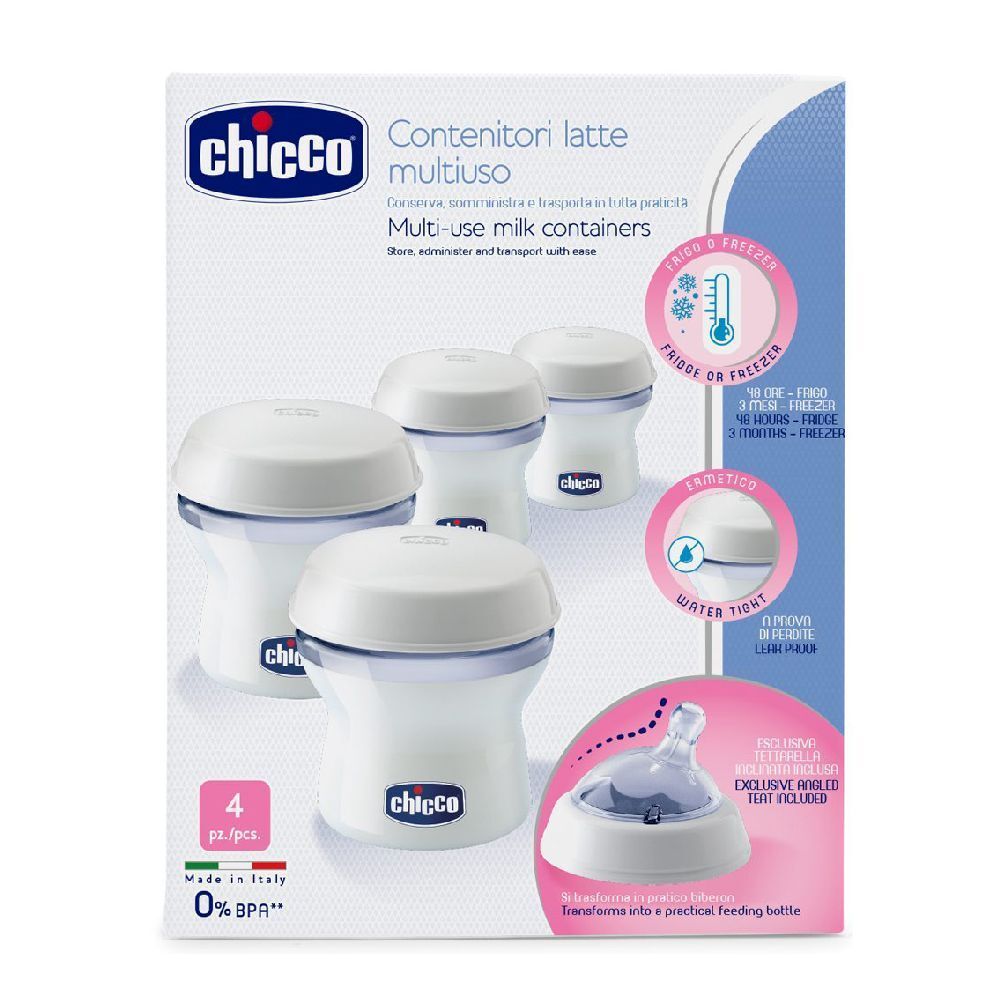 Confezione con quattro contenitori bianchi. Marchio Chicco. Testo: Contenitori latte multiuso. Con coperchi e dettagli rosa.