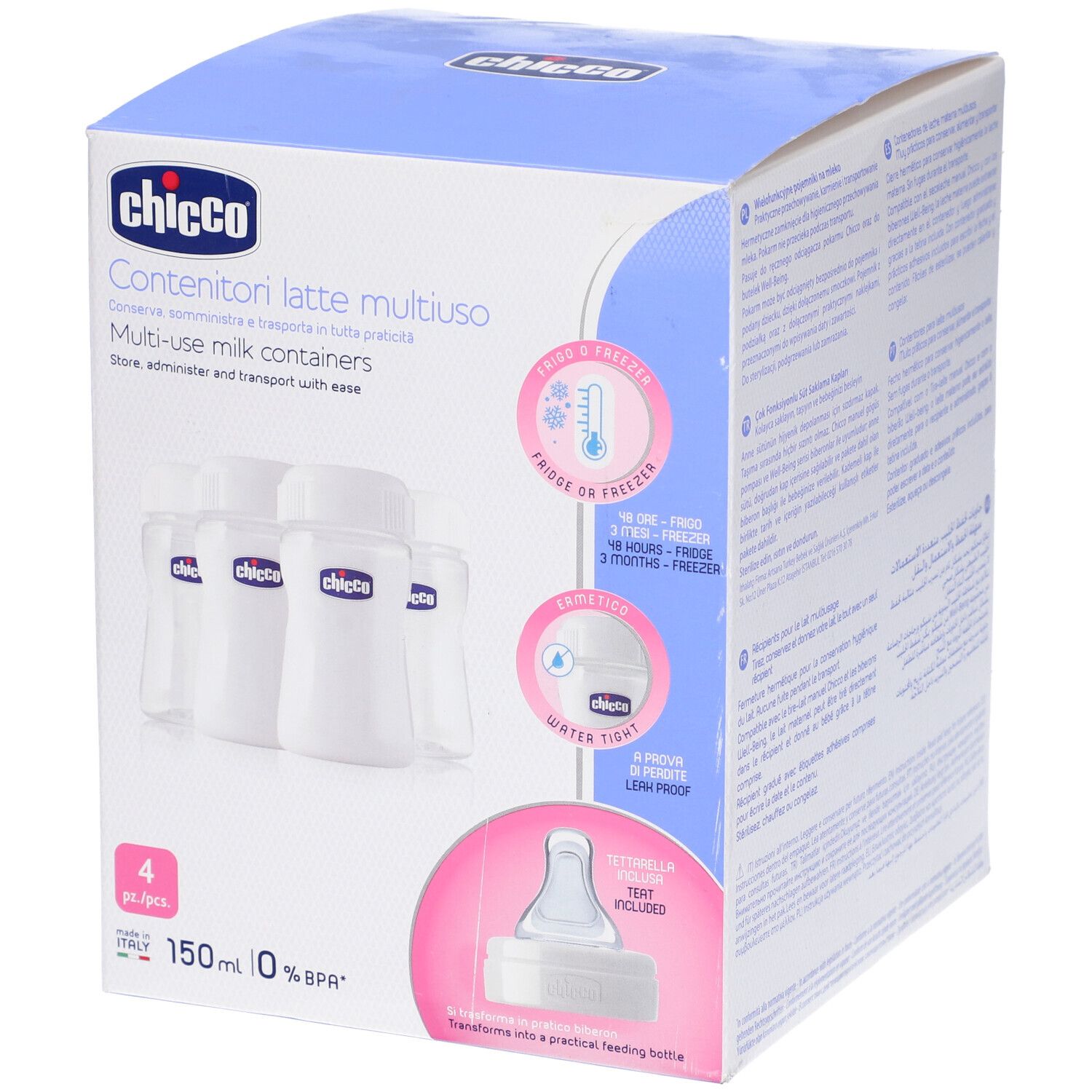 Scatola con quattro contenitori bianchi. Marchio Chicco. Testo: Contenitori latte multiuso. Con coperchi e dettagli rosa.