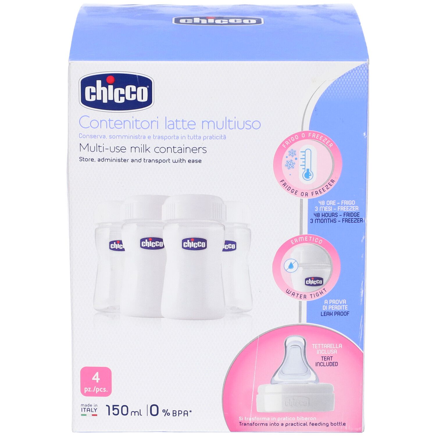 Confezione con quattro contenitori bianchi. Marchio Chicco. Testo: Contenitori latte multiuso. Con coperchi e dettagli rosa.