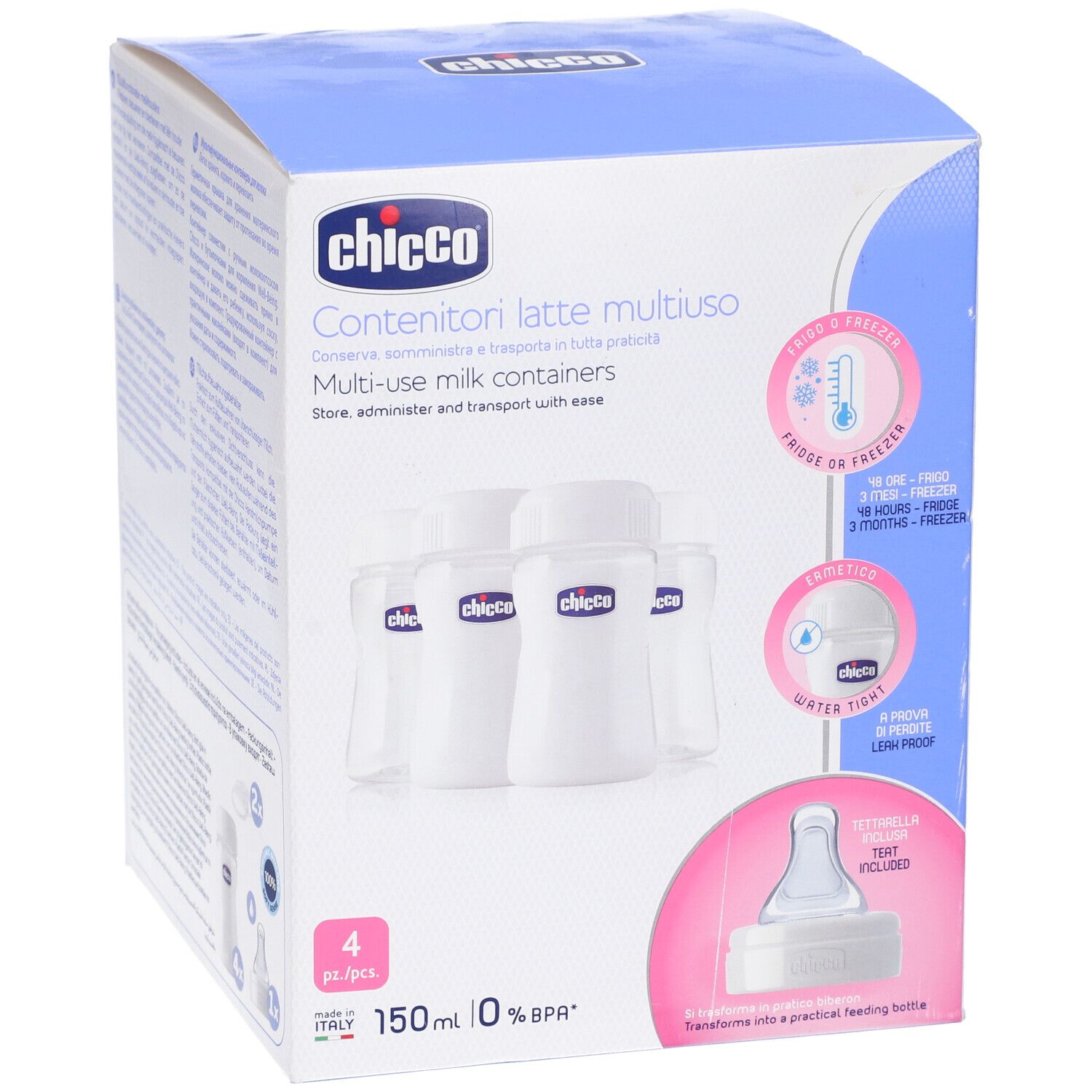 Scatola con quattro contenitori bianchi. Marchio Chicco. Testo: Contenitori latte multiuso. Con coperchi e dettagli rosa.
