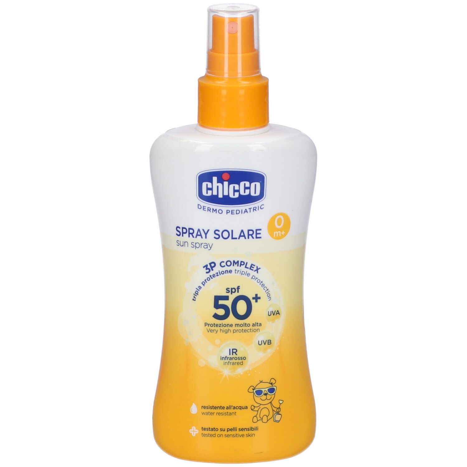 Flacone bianco con erogatore giallo. Scritta: Chicco, Spray Solare SPF50. Per pelli sensibili.