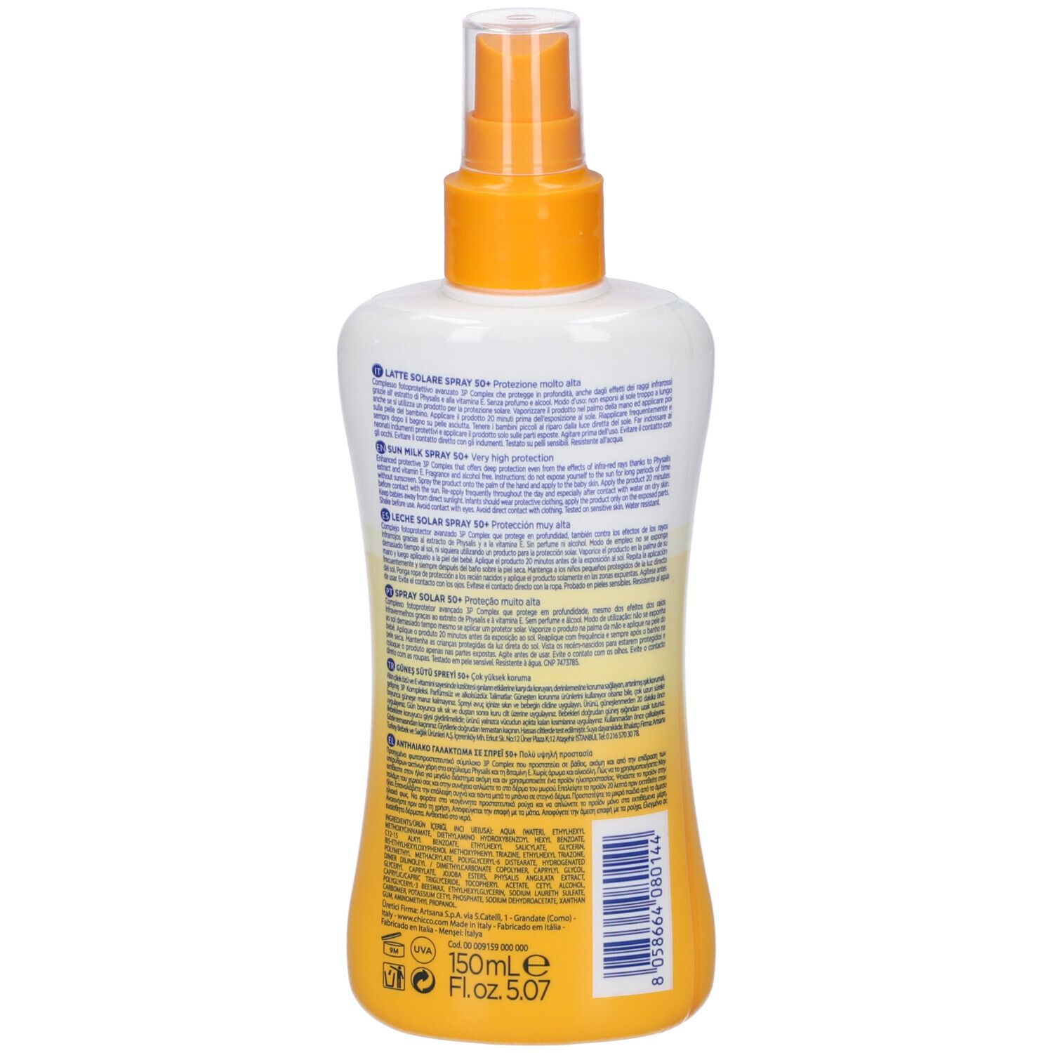 Retro di un flacone bianco con erogatore giallo. Testo multilingue. Volume: 150ml.