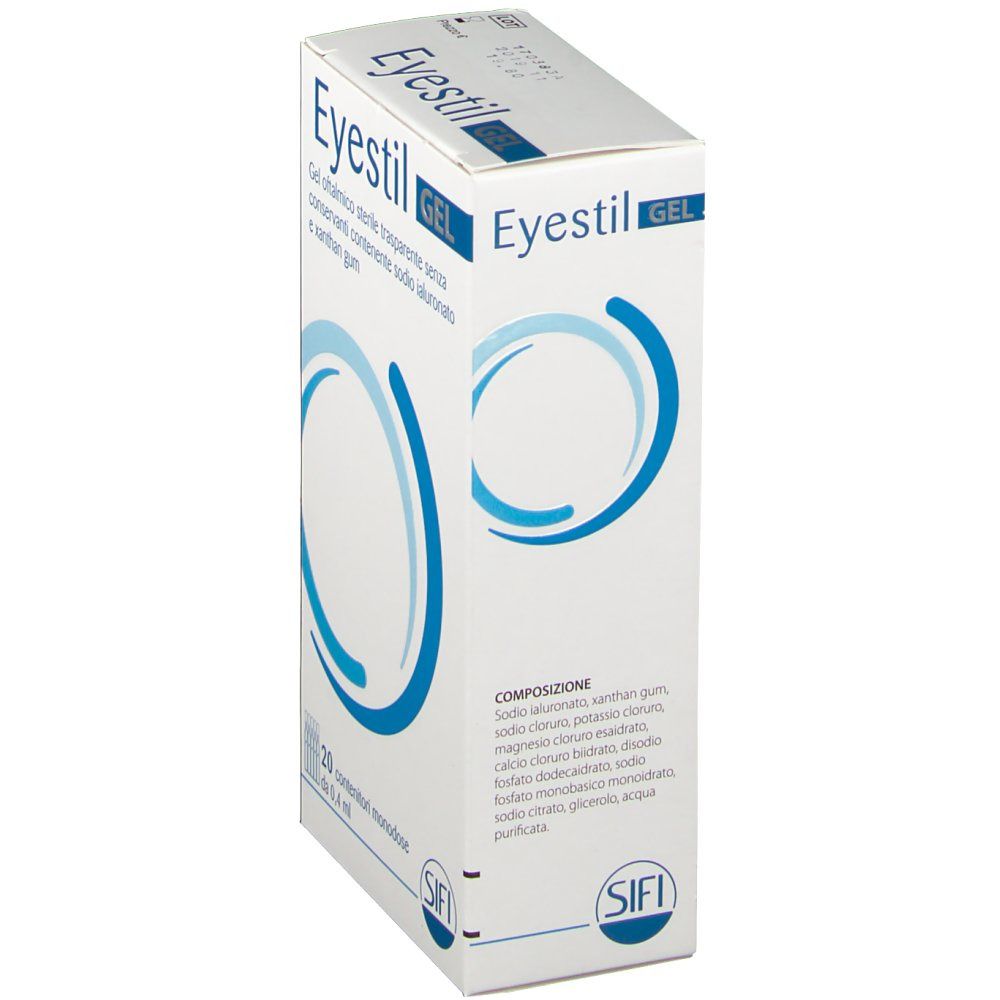 Vista angolata della confezione di Eyestil Gel. Scatola bianca con cerchi blu e informazioni sul prodotto. Contiene ingredienti.