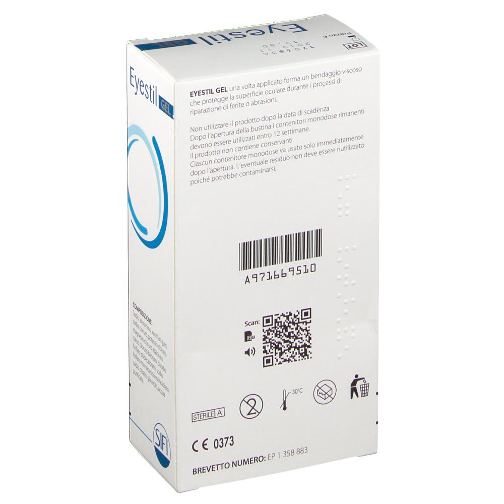 Retro della confezione di Eyestil Gel. Scatola bianca con testo, codice QR e certificazioni. Contiene numero di lotto.