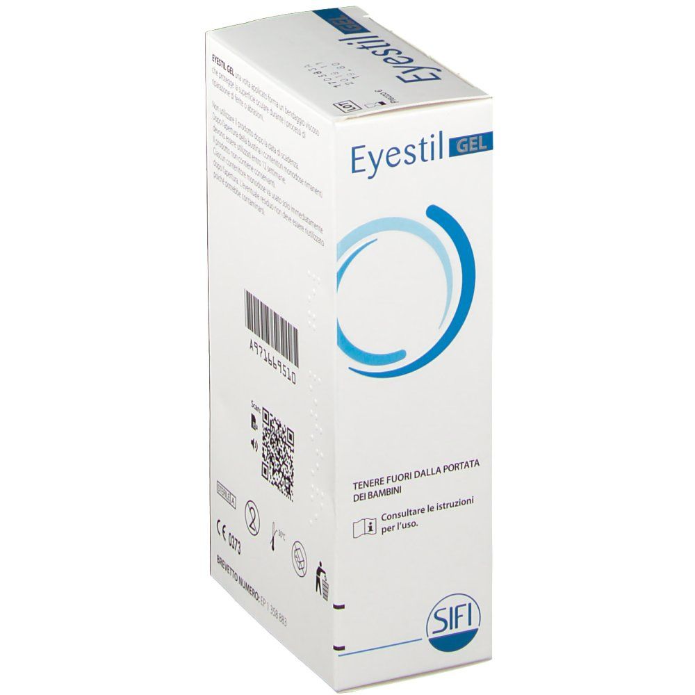 Vista angolata della confezione di Eyestil Gel. Scatola bianca con testo e codice QR. Contiene avvertenze e certificazioni.