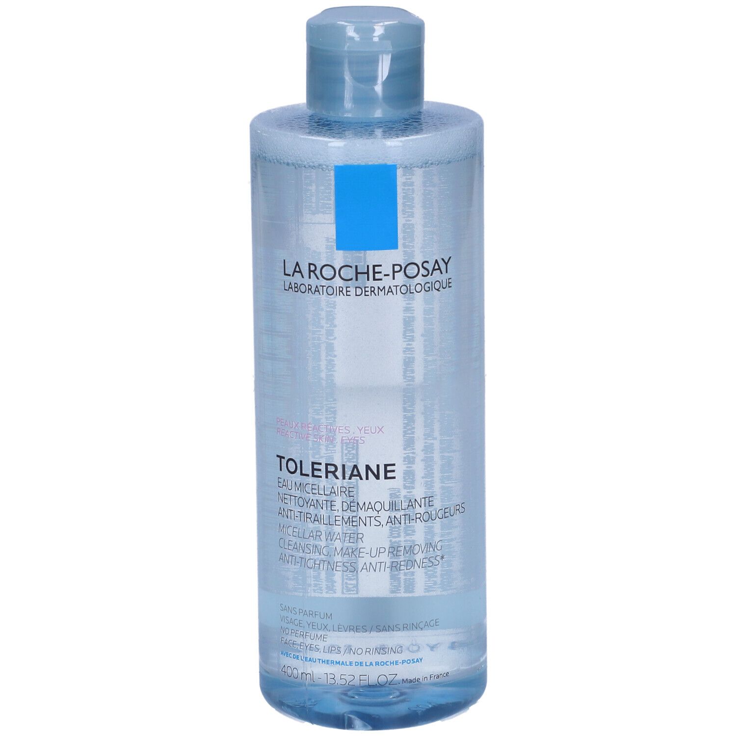 Hautpflegeflüssigkeit in einer blauen Flasche. Aufschrift: La Roche-Posay, Toleriane. Micellair Wasser.