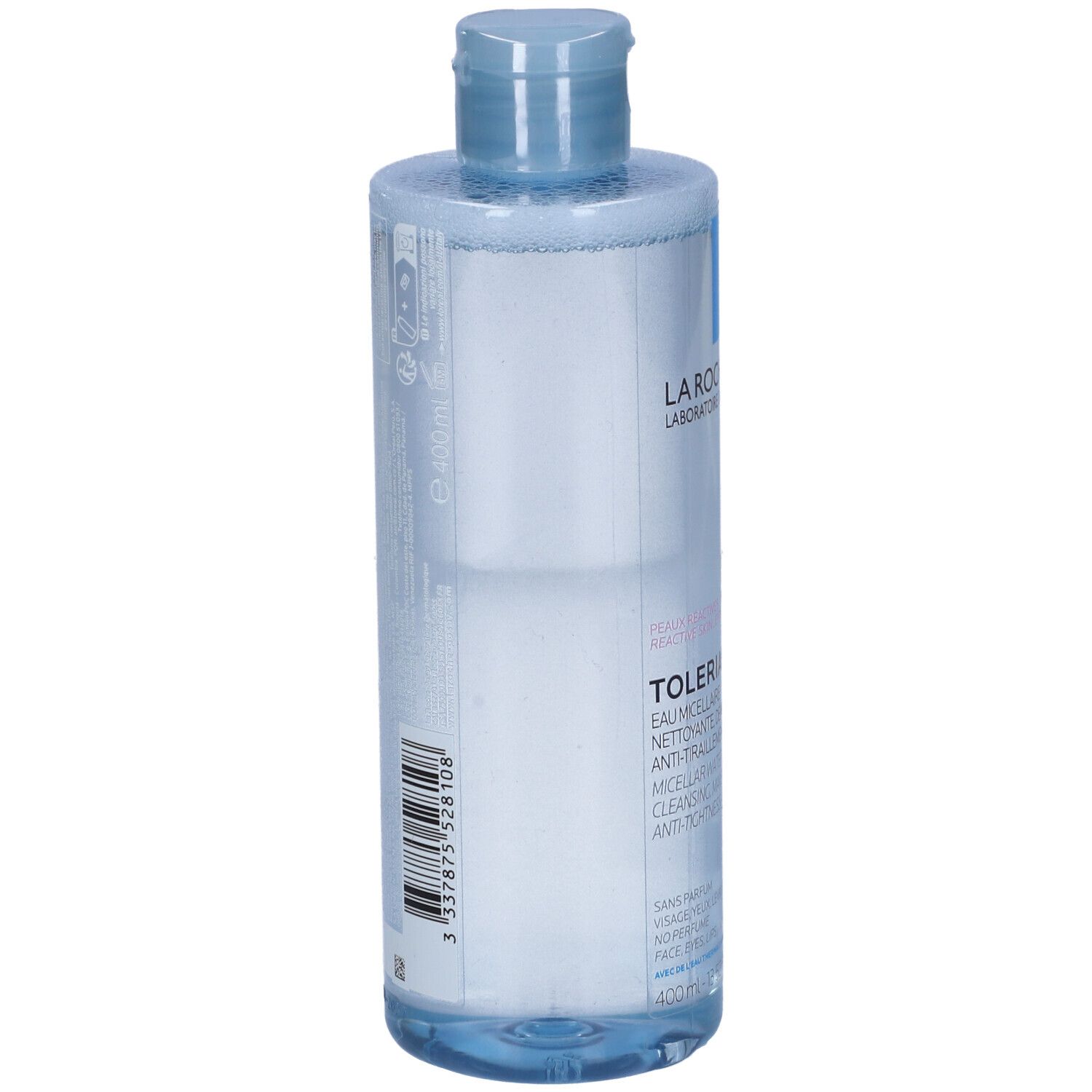 Hautpflegeflüssigkeit in einer blauen Flasche. Aufschrift: La Roche-Posay, Toleriane. Mit Barcode.