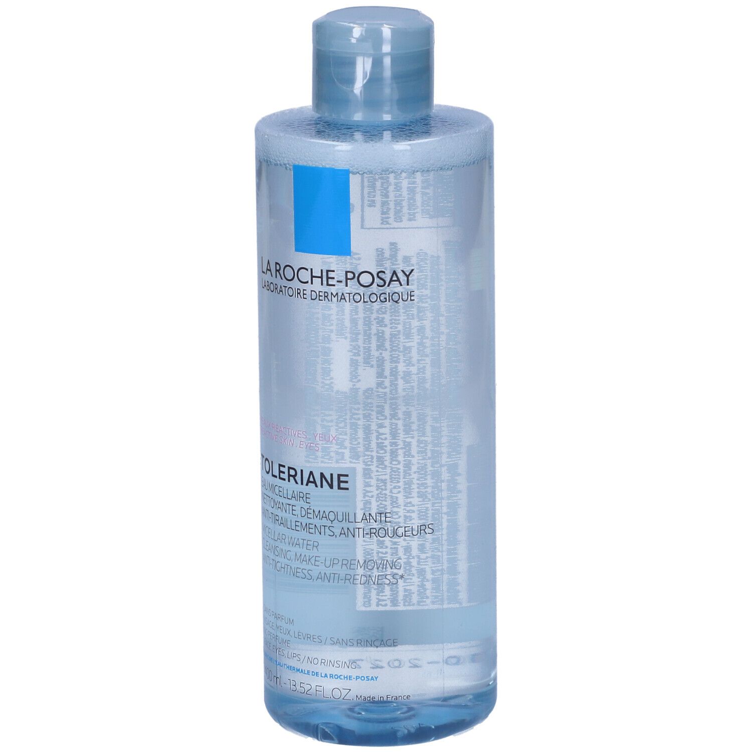 Hautpflegeflüssigkeit in einer blauen Flasche. Aufschrift: La Roche-Posay, Toleriane. Micellair Wasser.